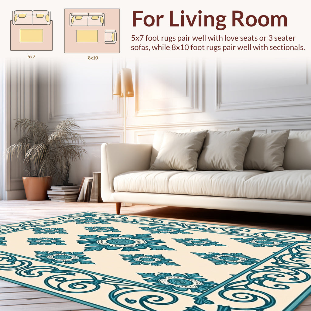 Teal Floral Scrollwork Tile Pattern Rug