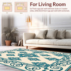 Teal Floral Scrollwork Tile Pattern Rug