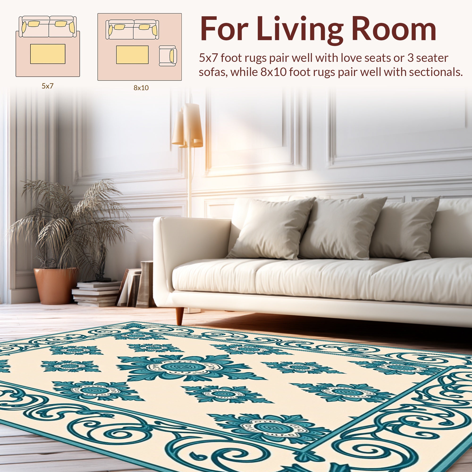 Teal Floral Scrollwork Tile Pattern Rug