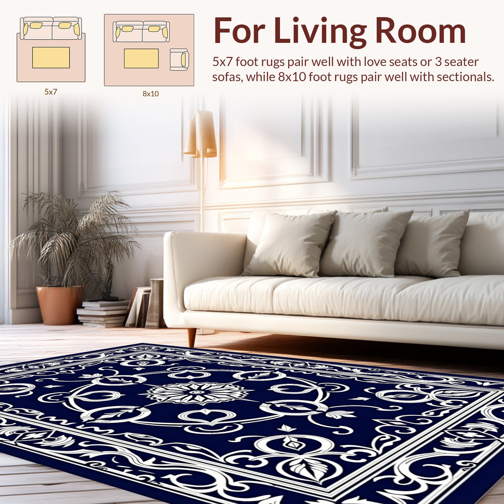 Classic Dark Blue White Floral Pattern Rug