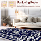 Classic Dark Blue White Floral Pattern Rug