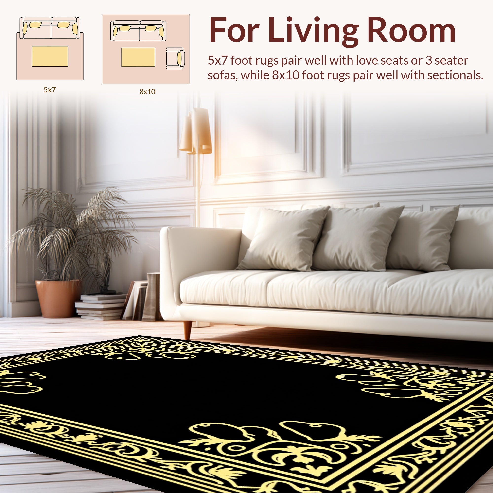 Golden Elegant Floral Border Design Rug