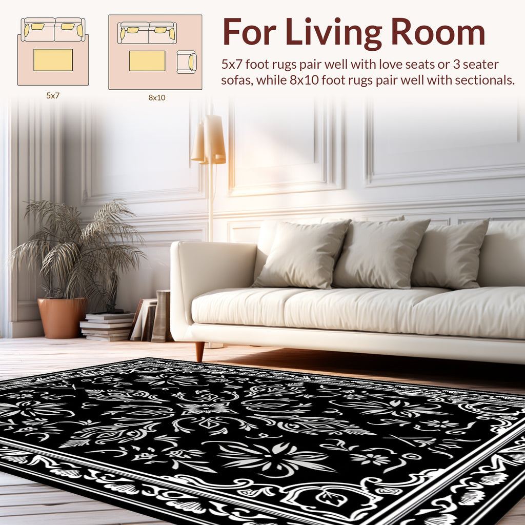 Black White Floral Mandala Pattern Rug