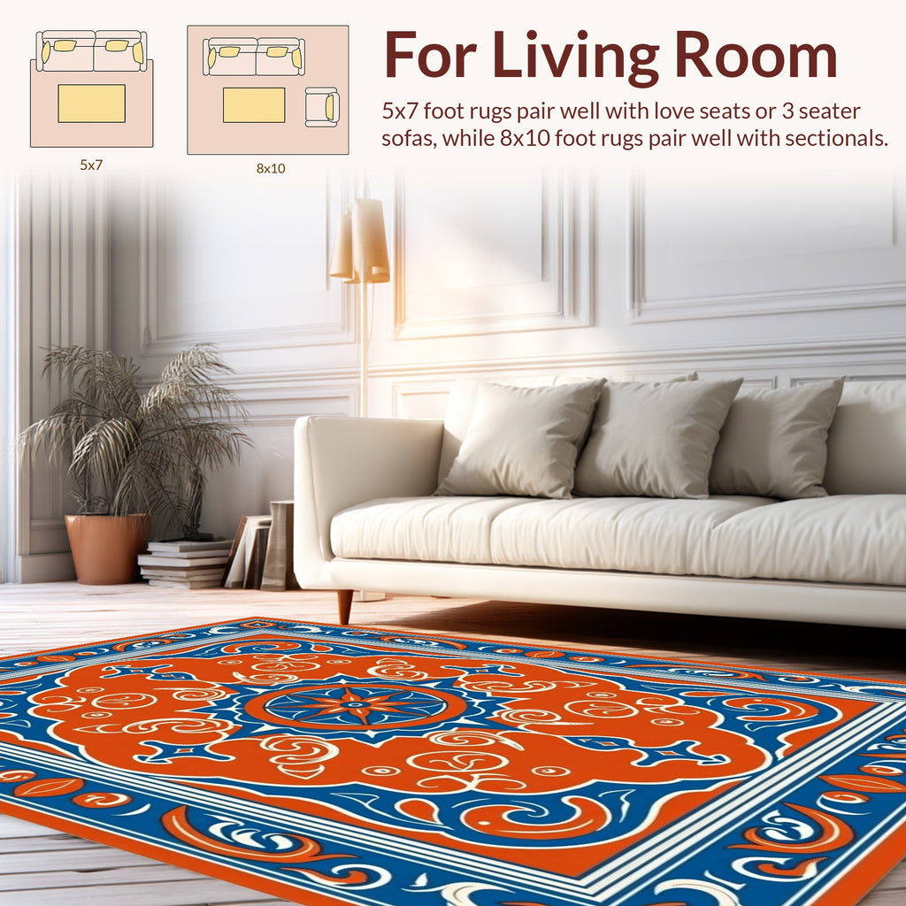 Orange Blue Floral Medallion Pattern Rug