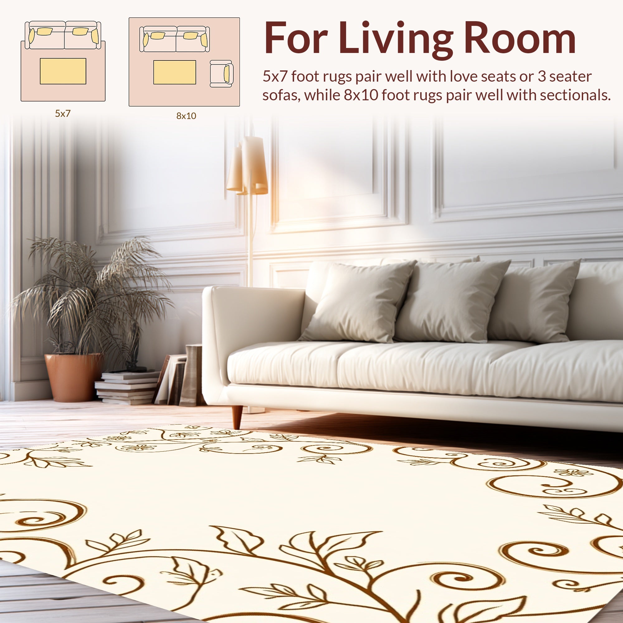 Ornate Brown Floral Scrollwork Design Rug