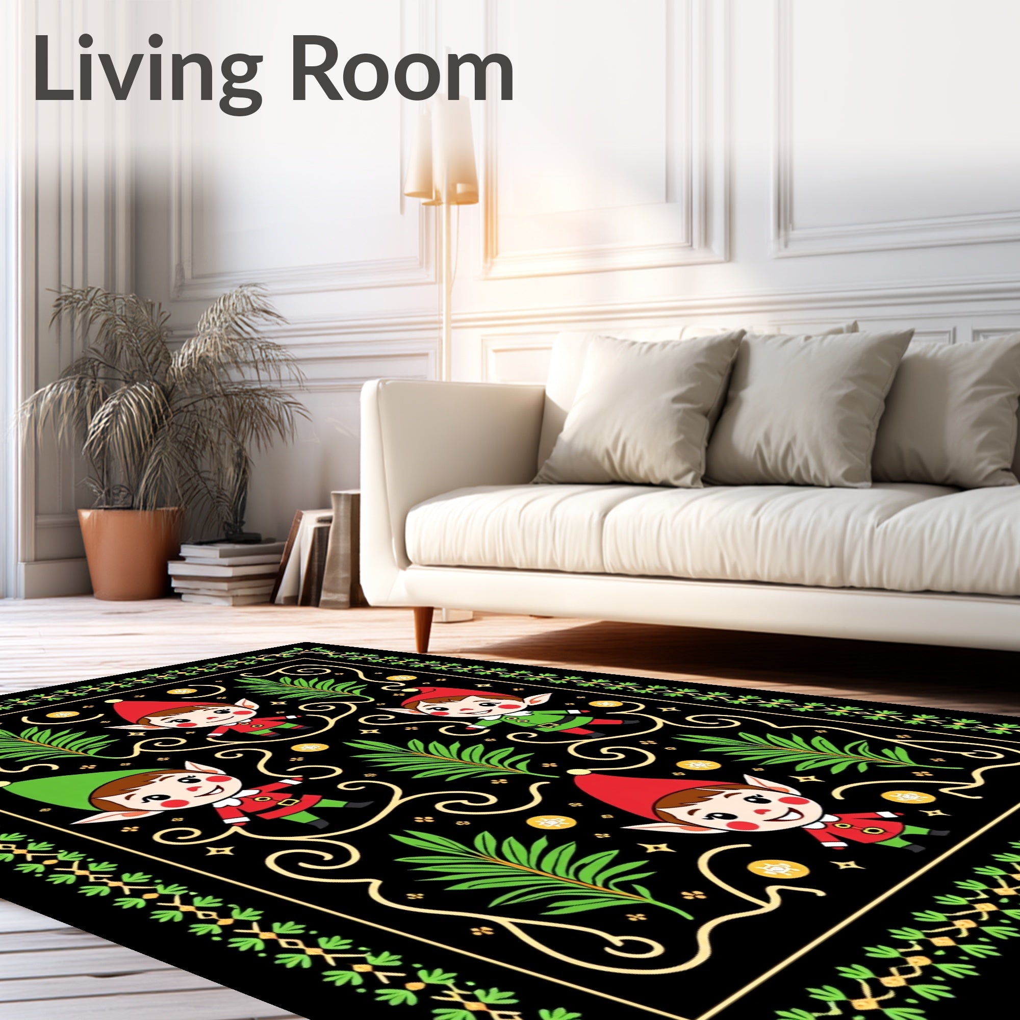 Joyful Elves Black Holiday Border Rug