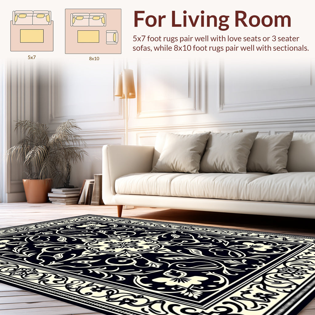 Classic Black Cream Floral Intricate Design Rug