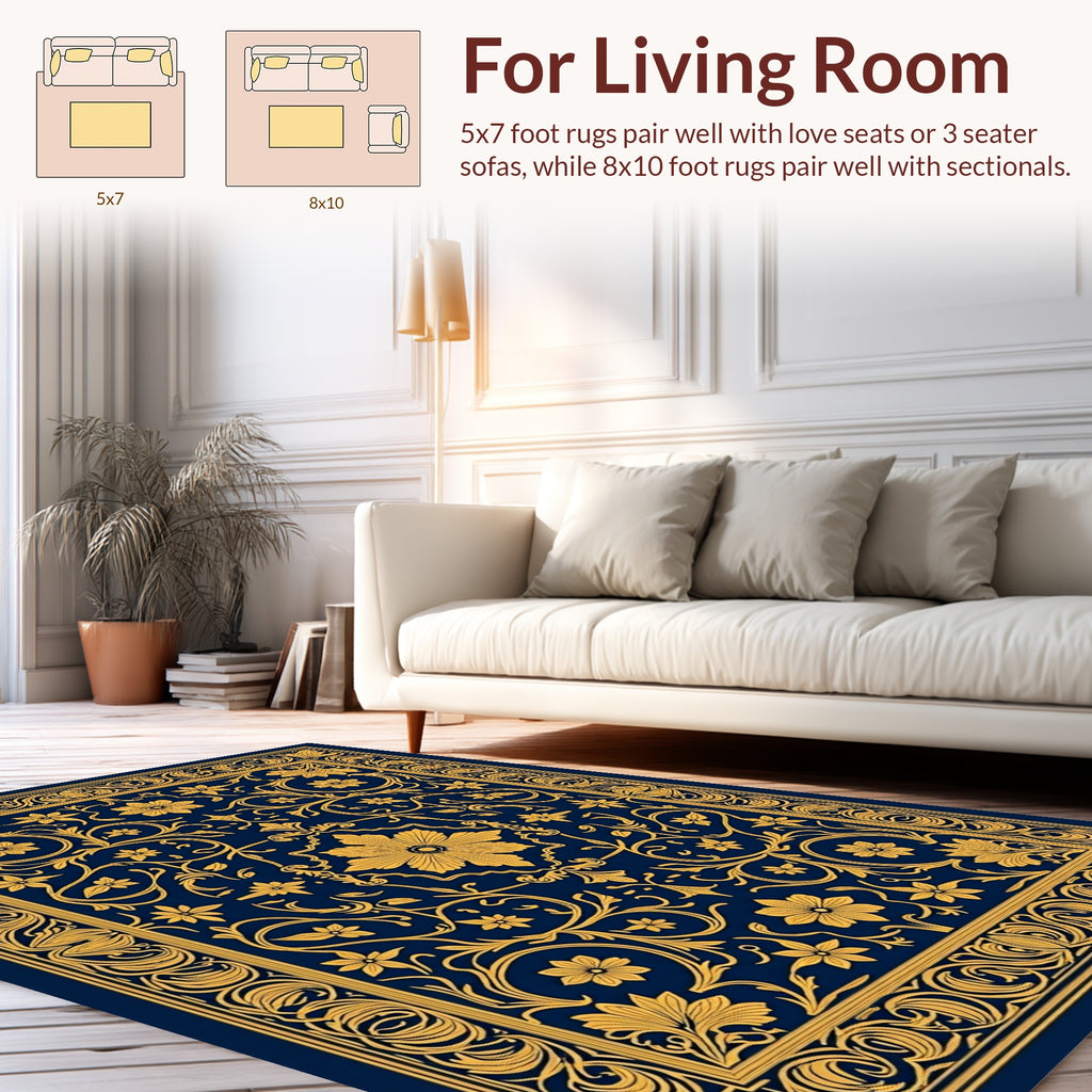 Ornate Floral Navy Gold Rug
