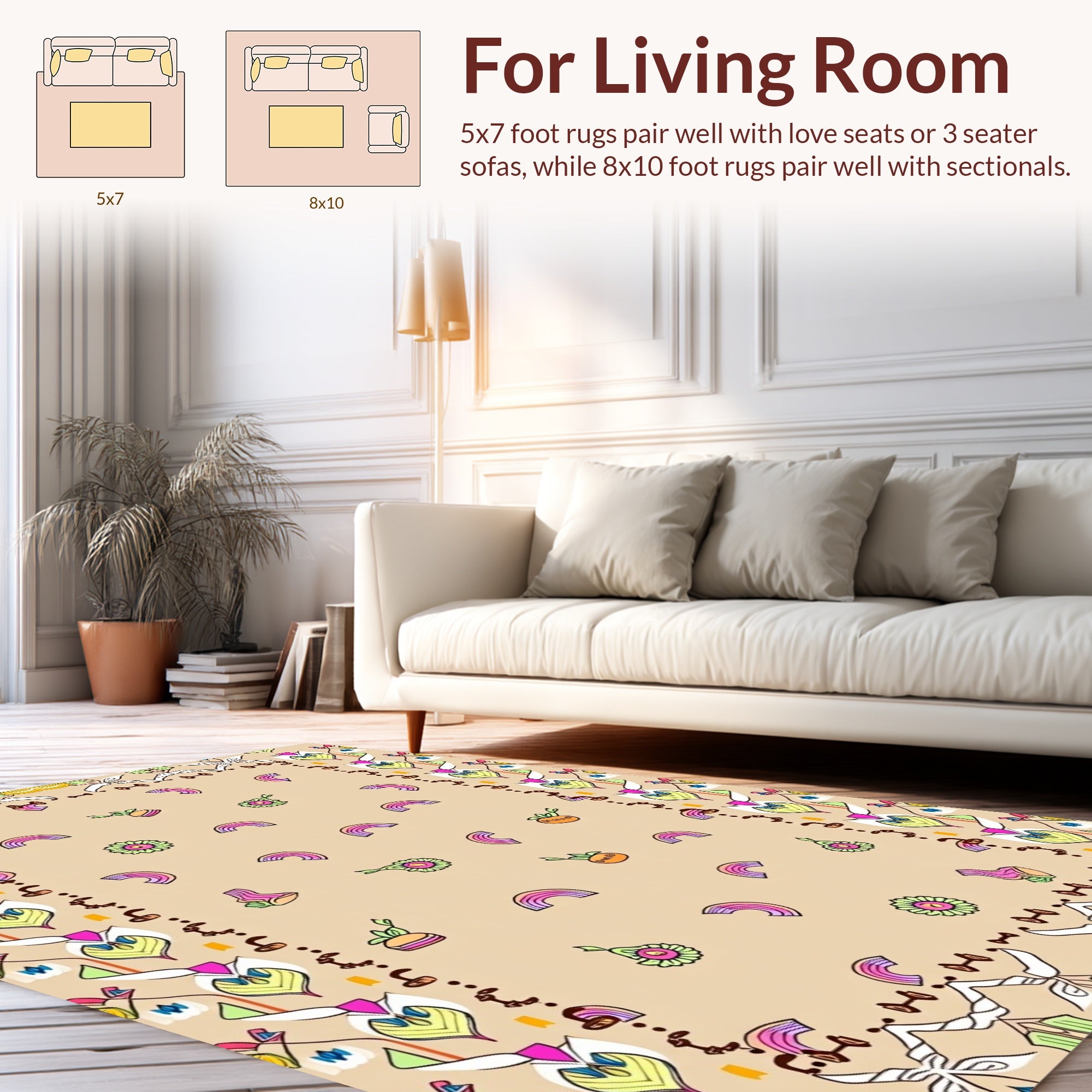 Whimsical Rainbow Flower Border Design Rug