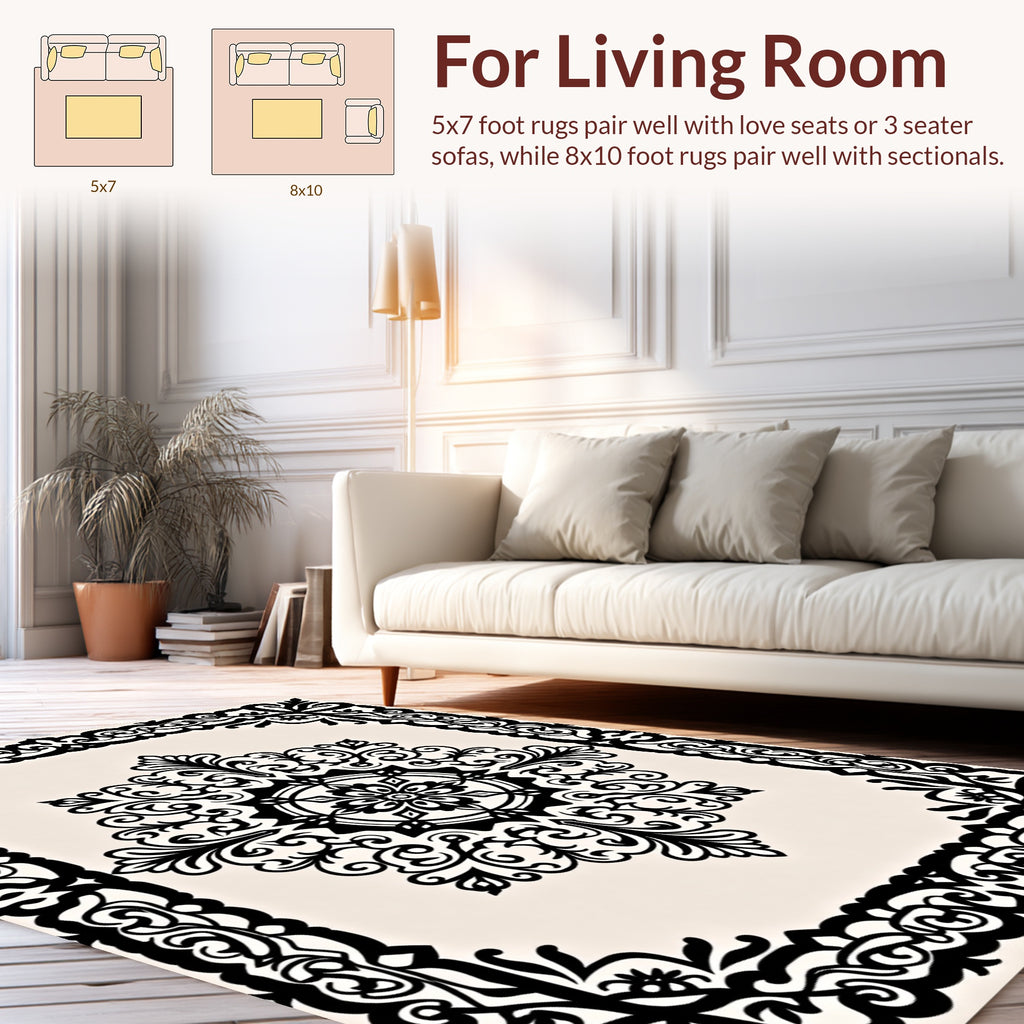 Ornate Black White Medallion Design Rug