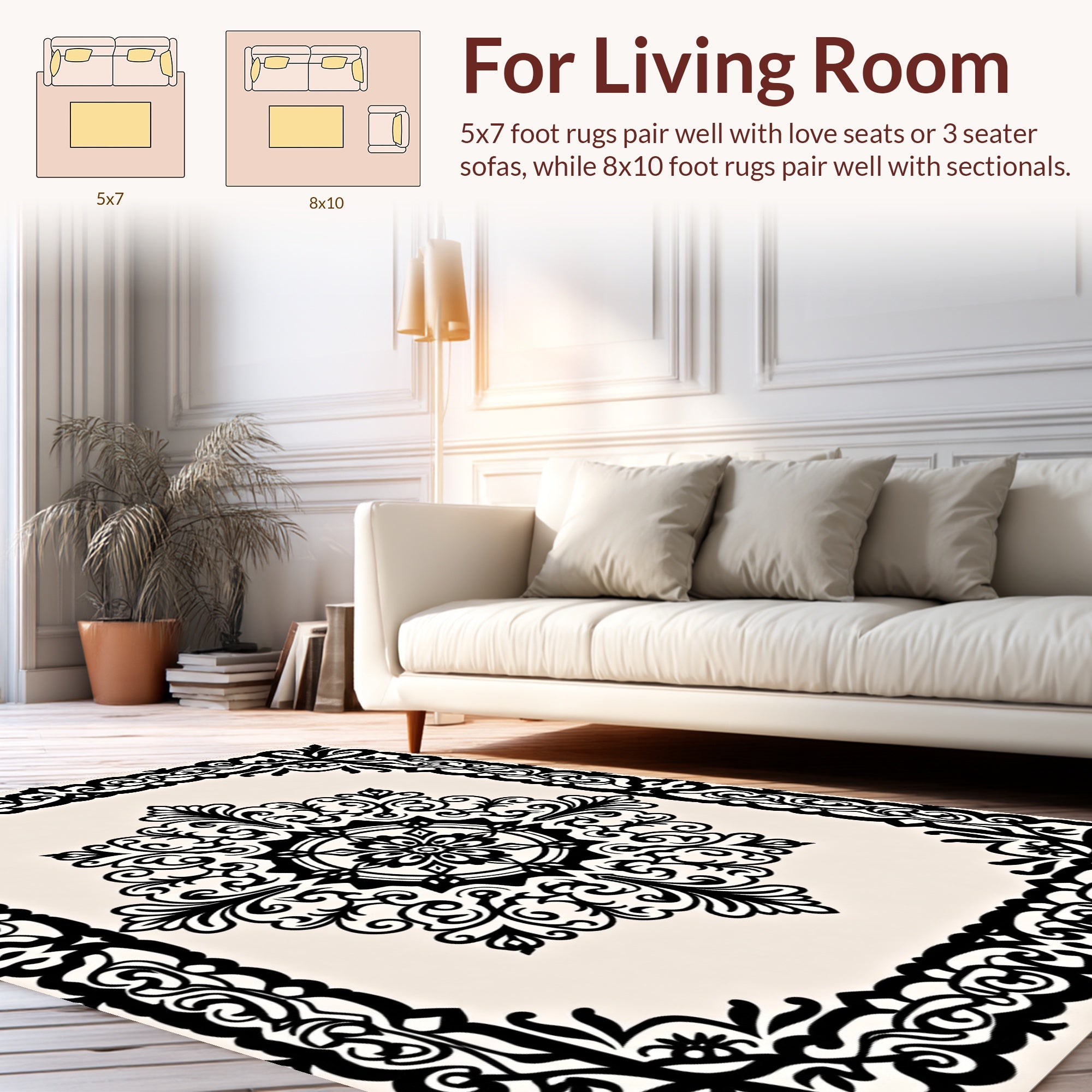 Ornate Black White Medallion Design Rug