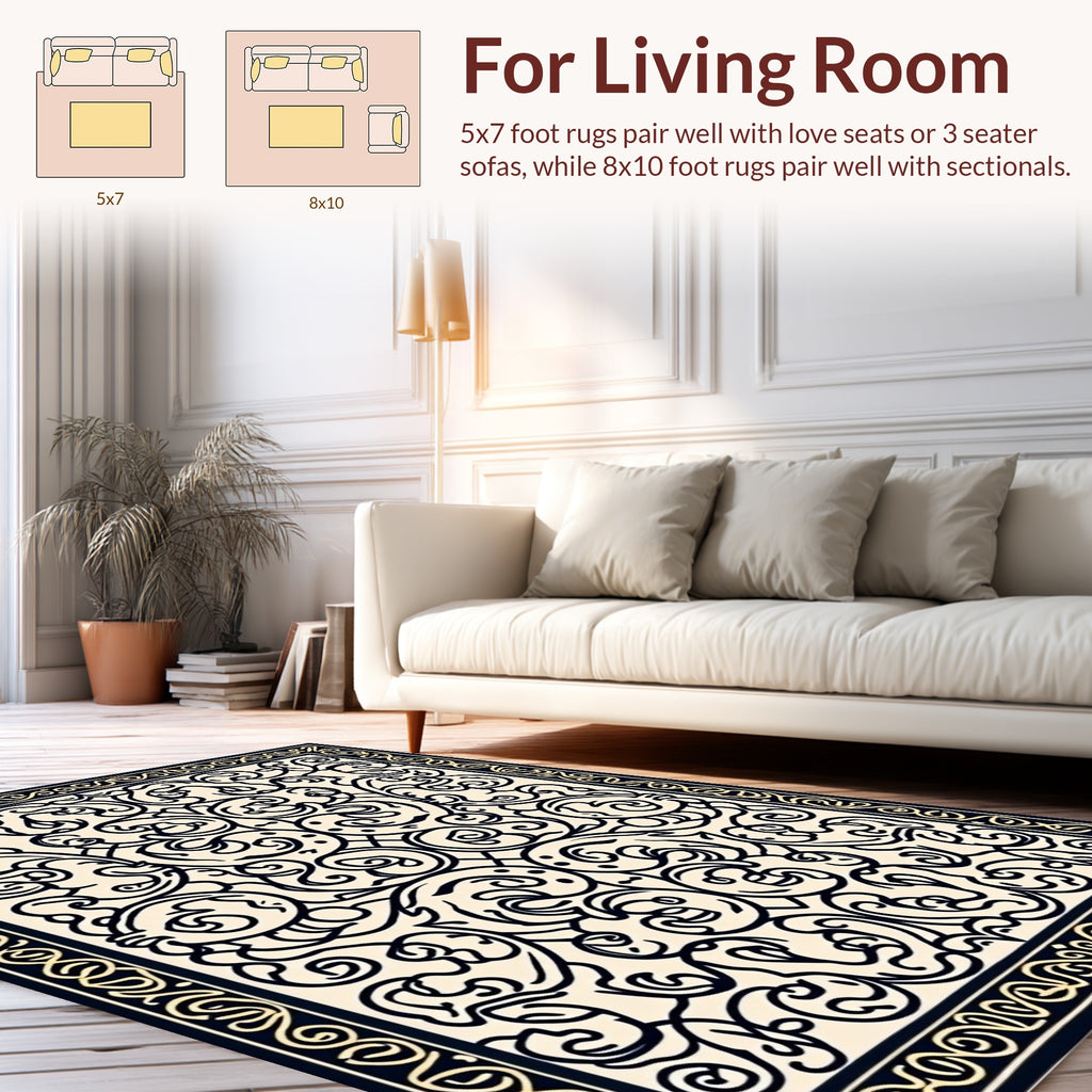 Ornate Black and Cream Scrollwork Rug