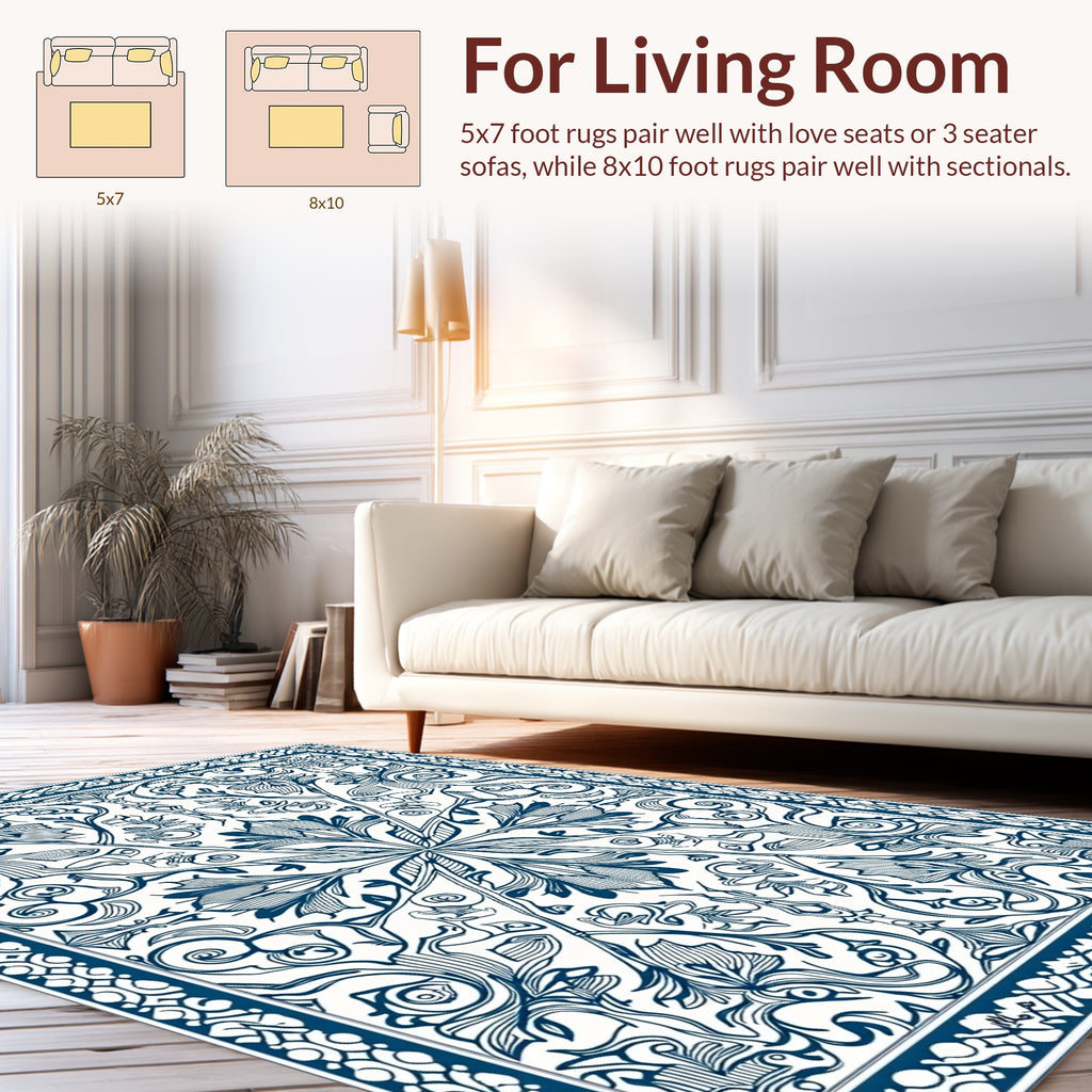 Intricate Blue Floral Patterned Art Deco Rug