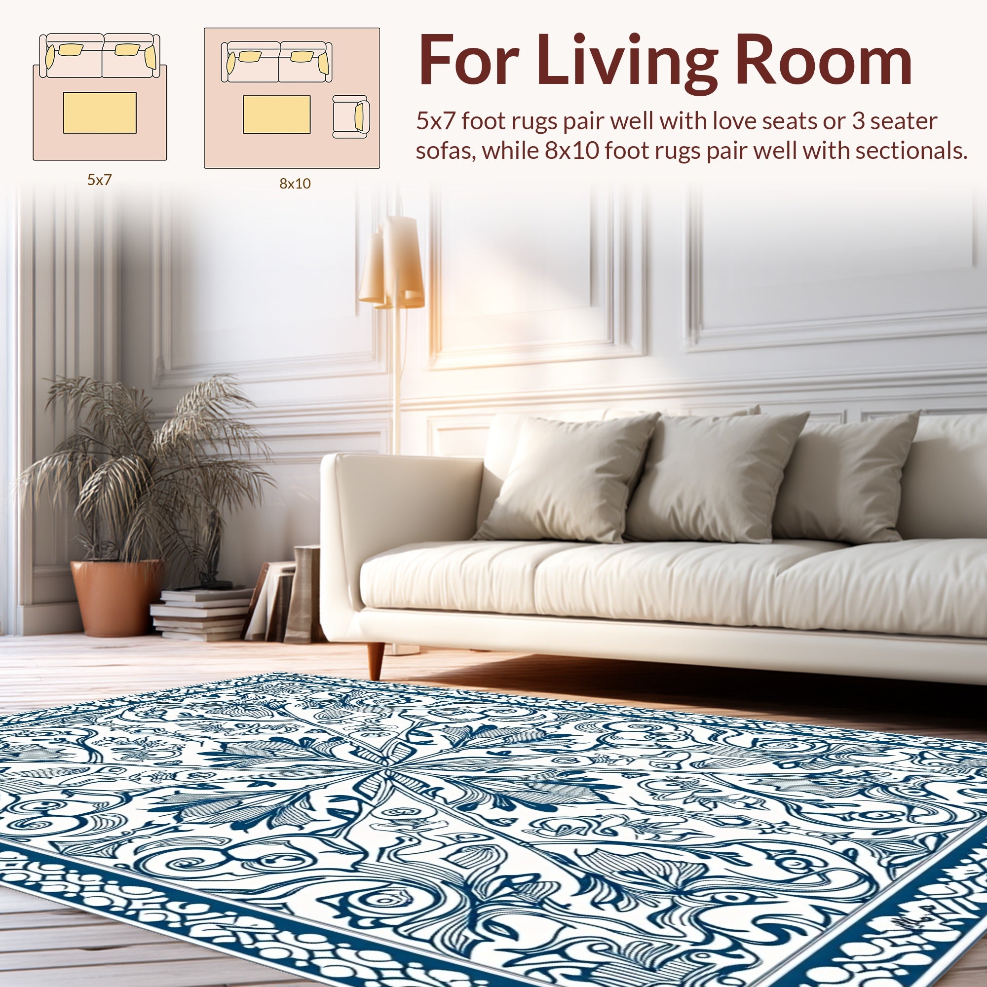 Intricate Blue Floral Patterned Art Deco Rug