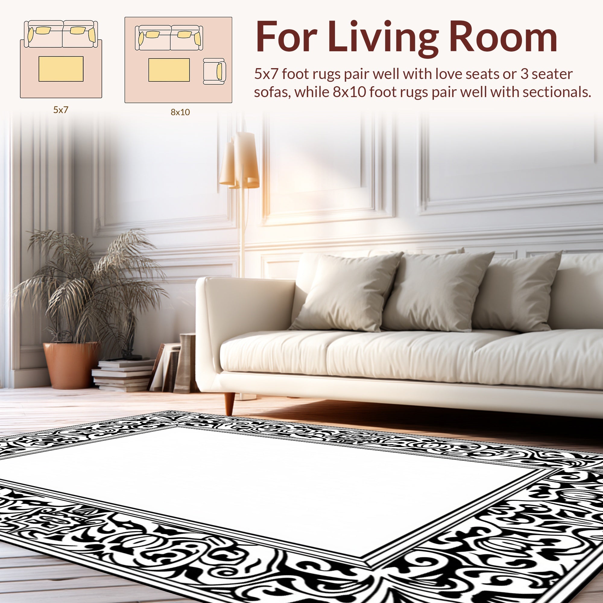 Classic Scrollwork Black White Border Rug