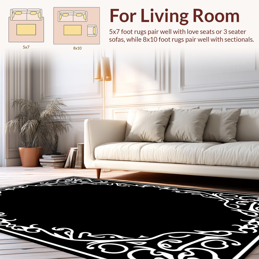 Ornate White Floral Vine Border Rug