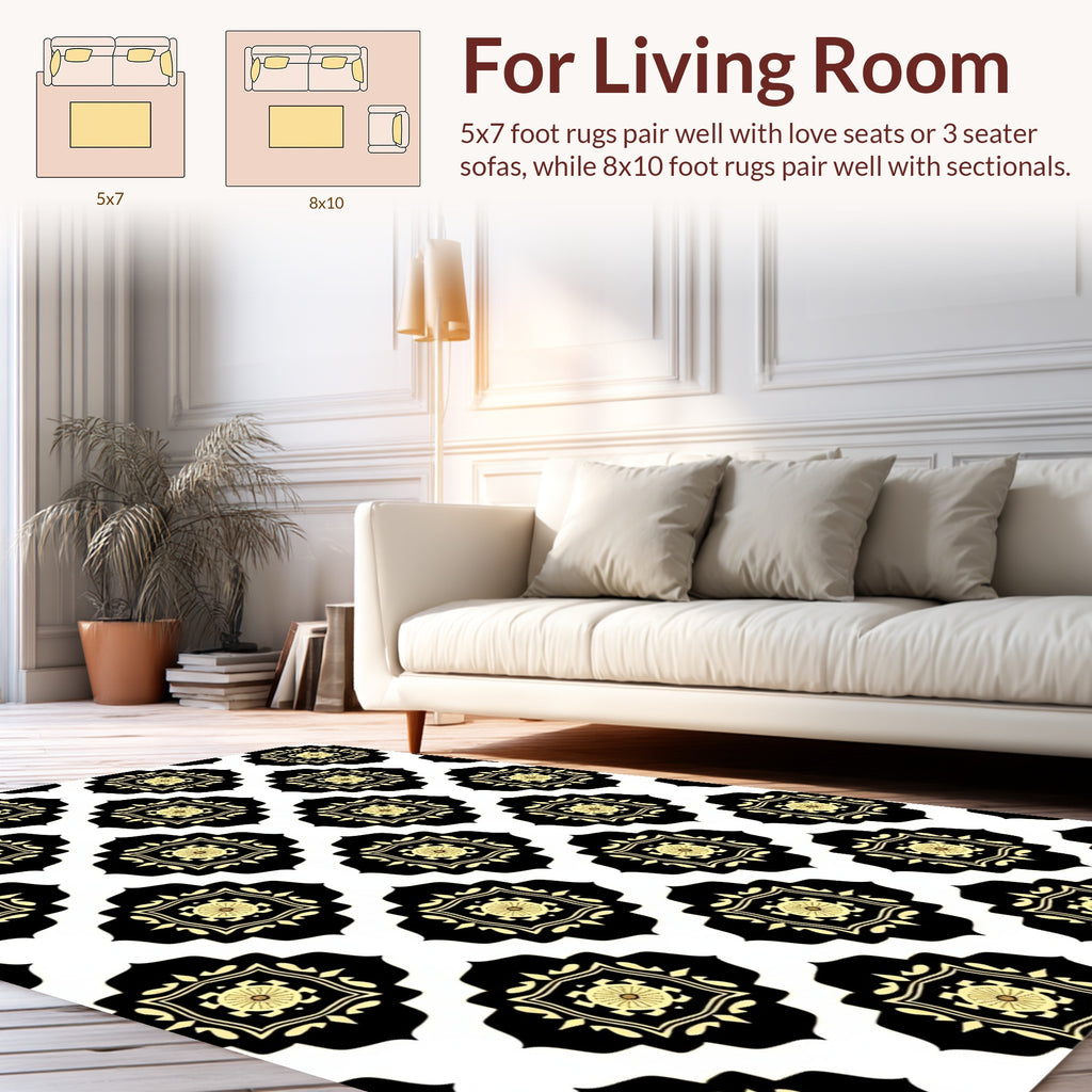 Black Gold Floral Quatrefoil Pattern Rug