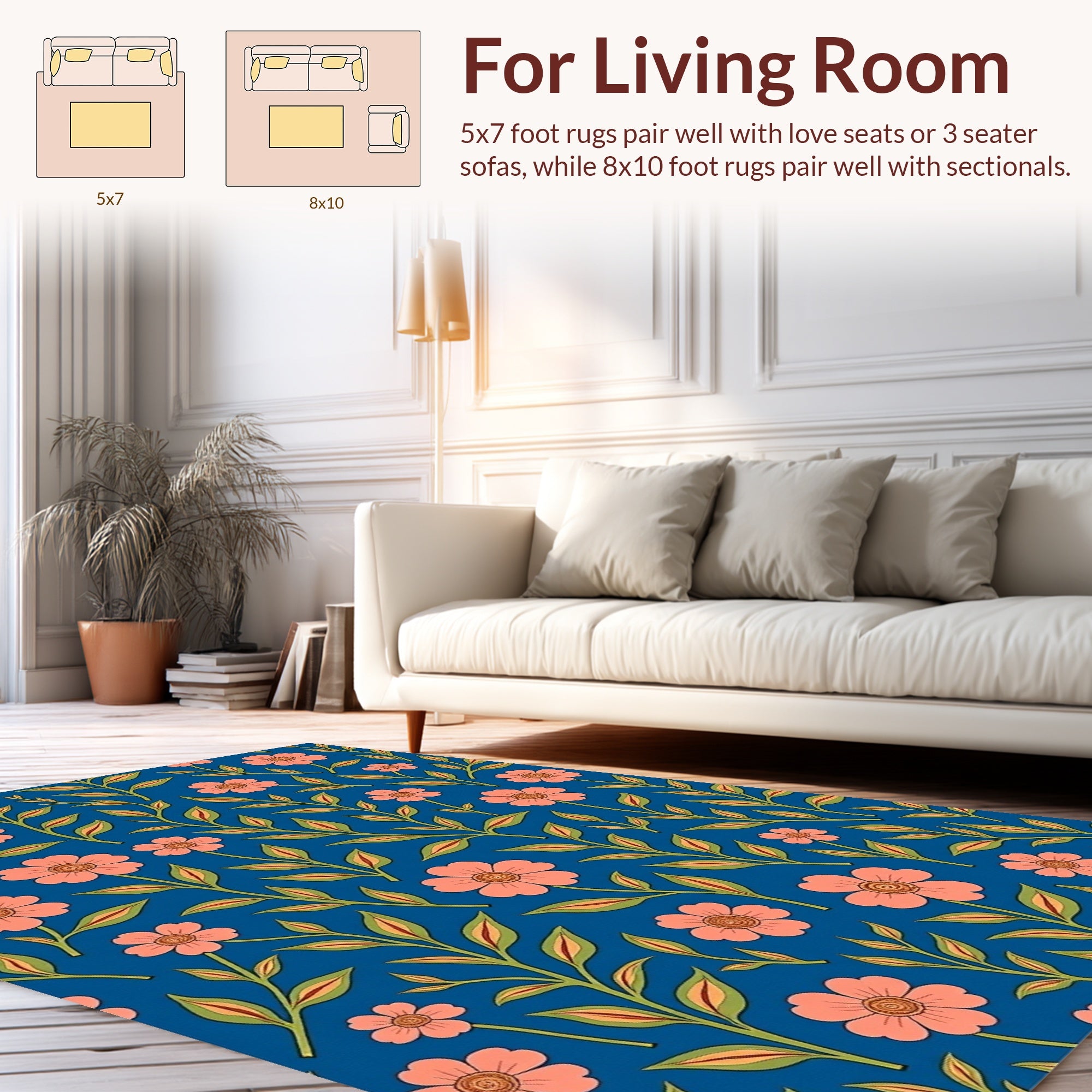 Coral Flower Design on Blue Background Rug