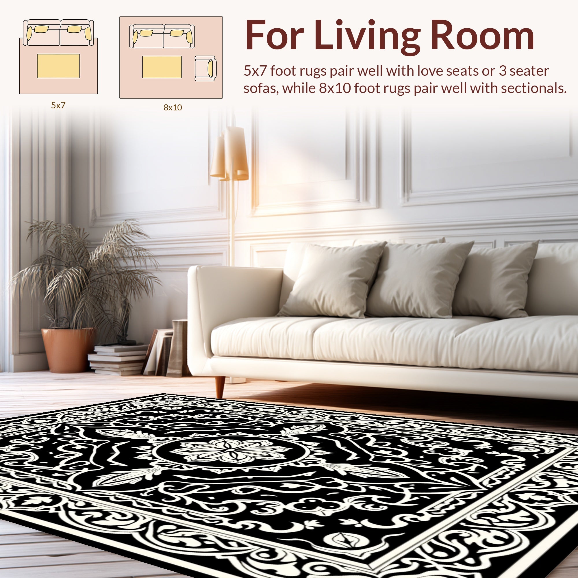 Classic Floral Motif Black White Rug