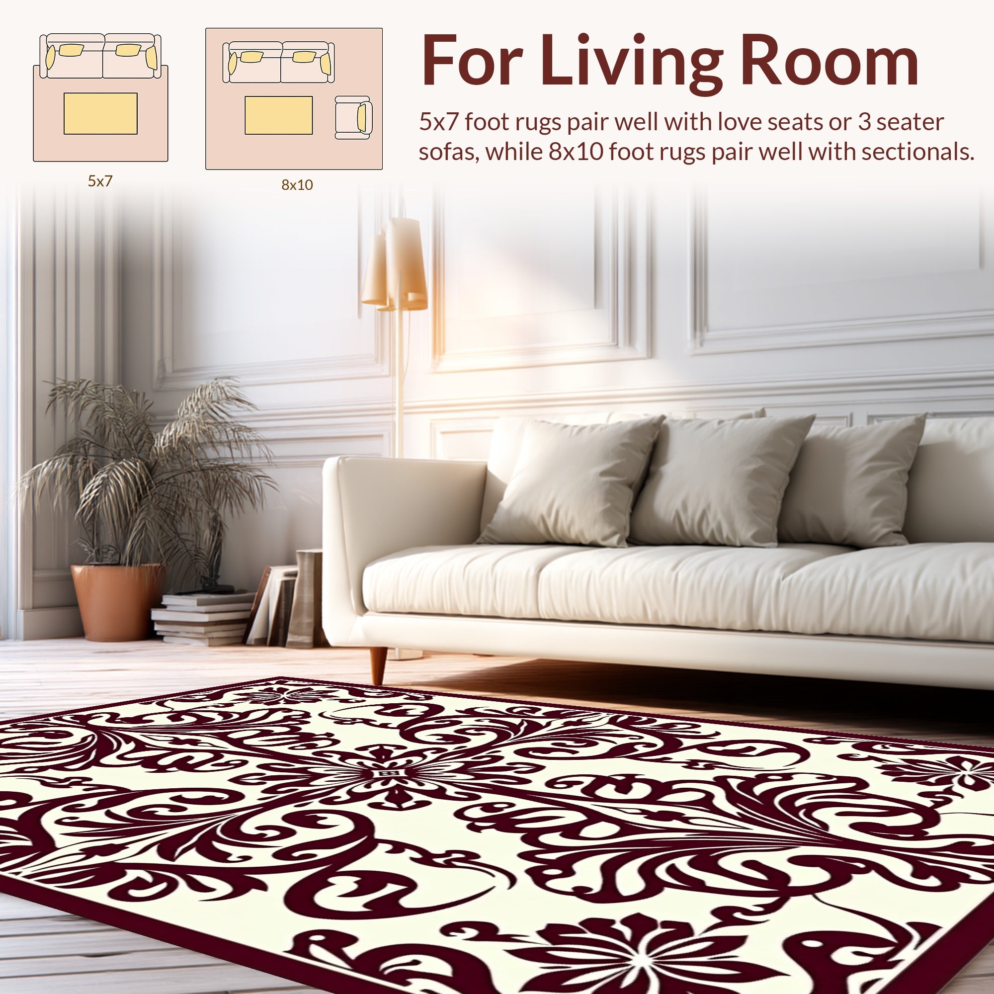 Classic Burgundy Floral Scroll Design Rug