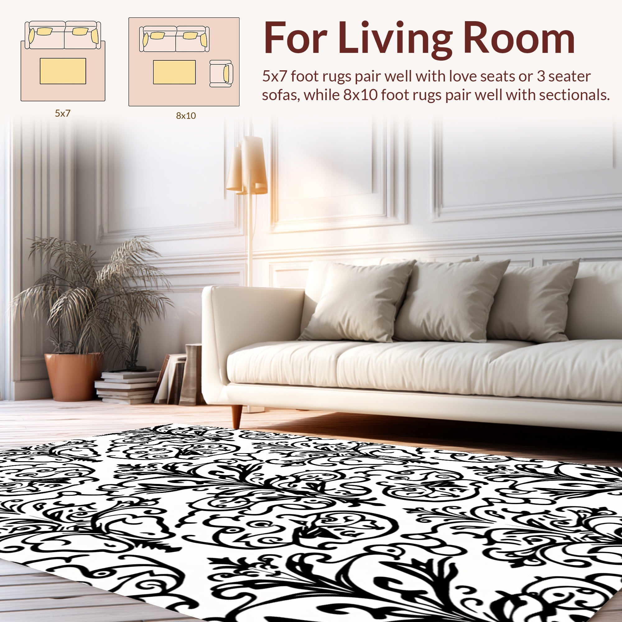 Black White Classic Floral Damask Rug