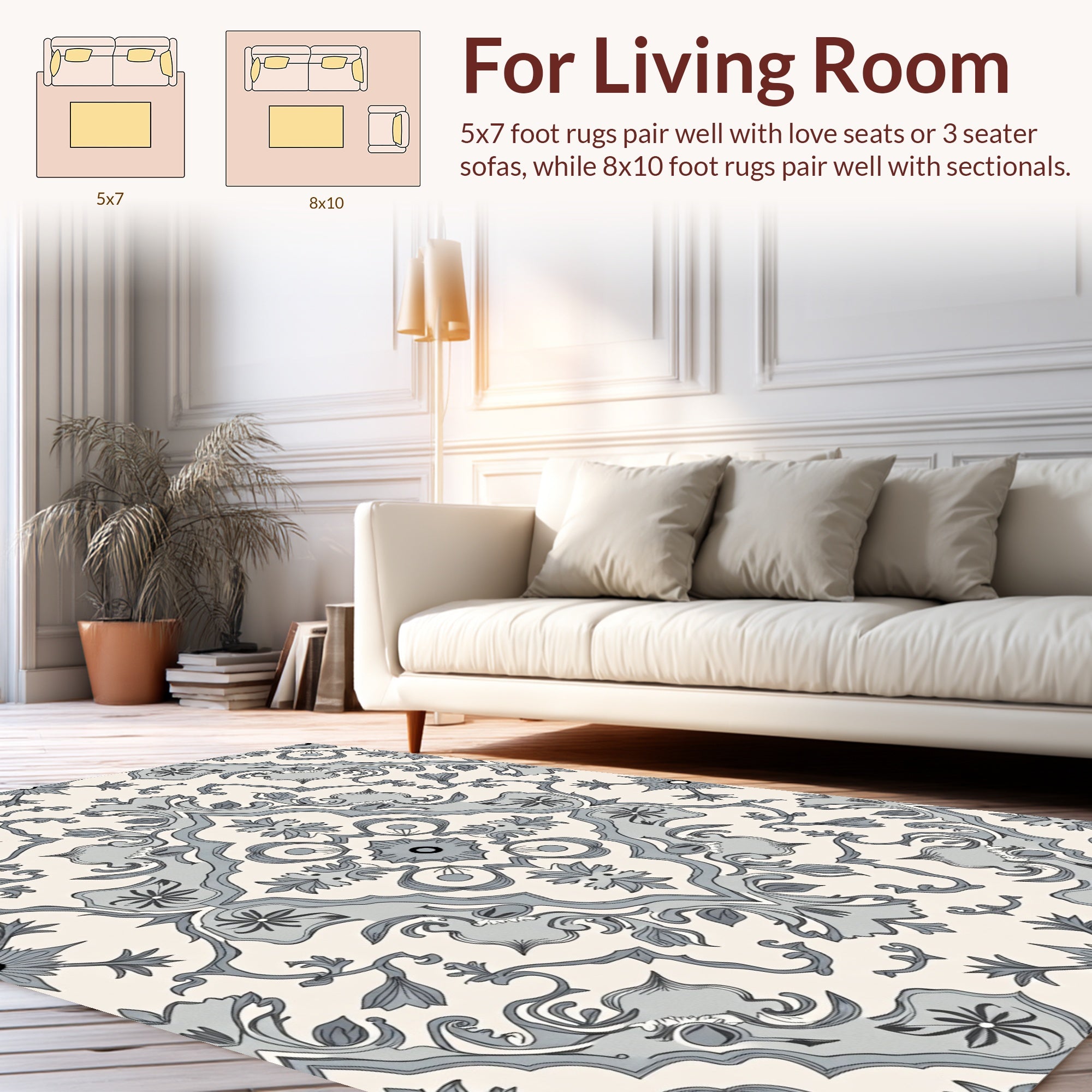 Grey Cream Damask Floral Pattern Rug