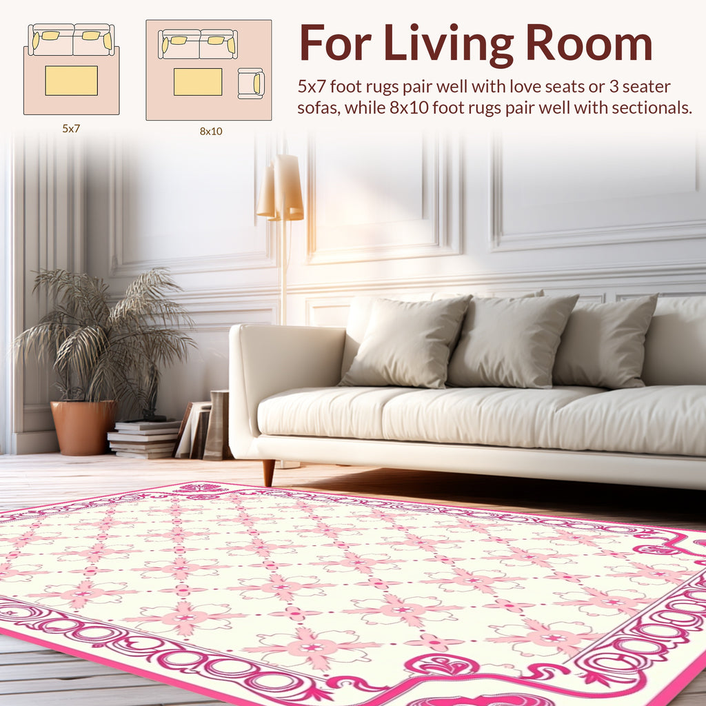 Delicate Pink Floral Lattice Border Design Rug