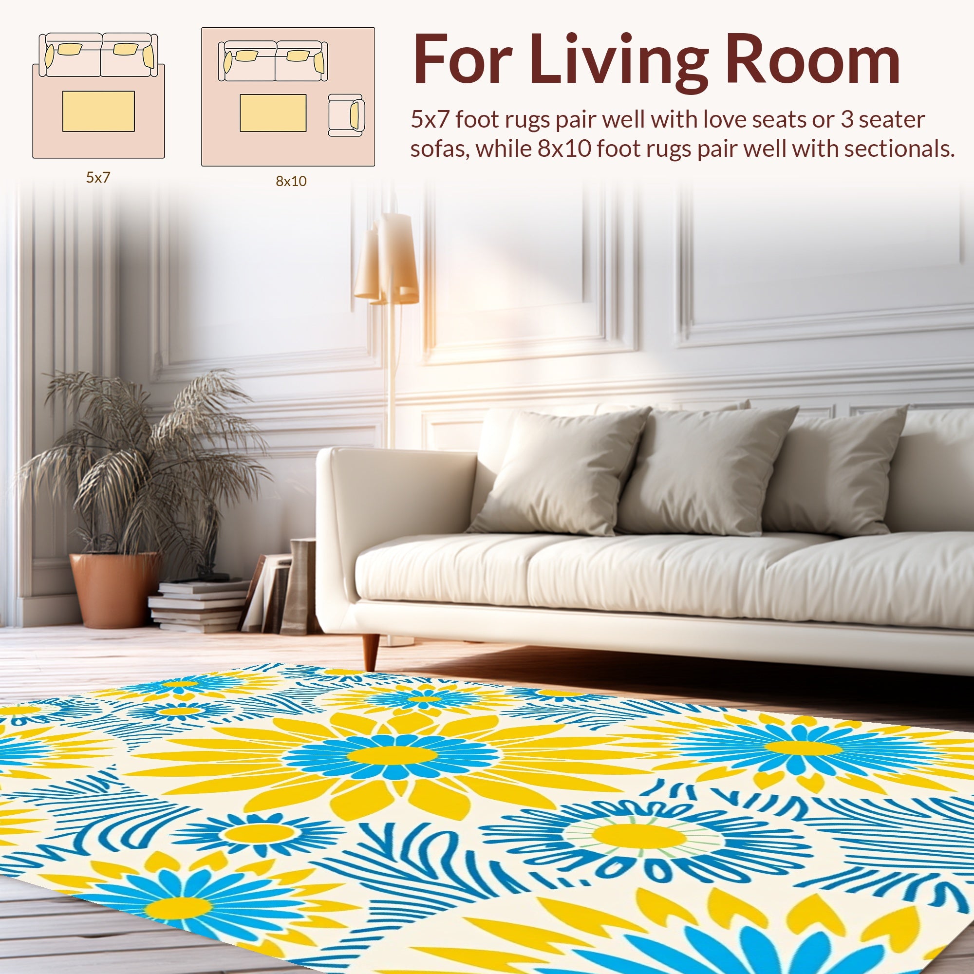 Bright Yellow Blue Daisy Burst Pattern Rug