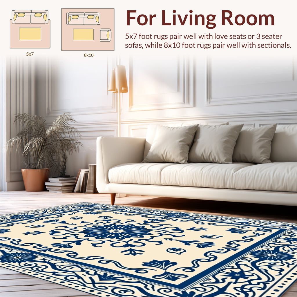 Intricate Dark Blue Floral Pattern Rug
