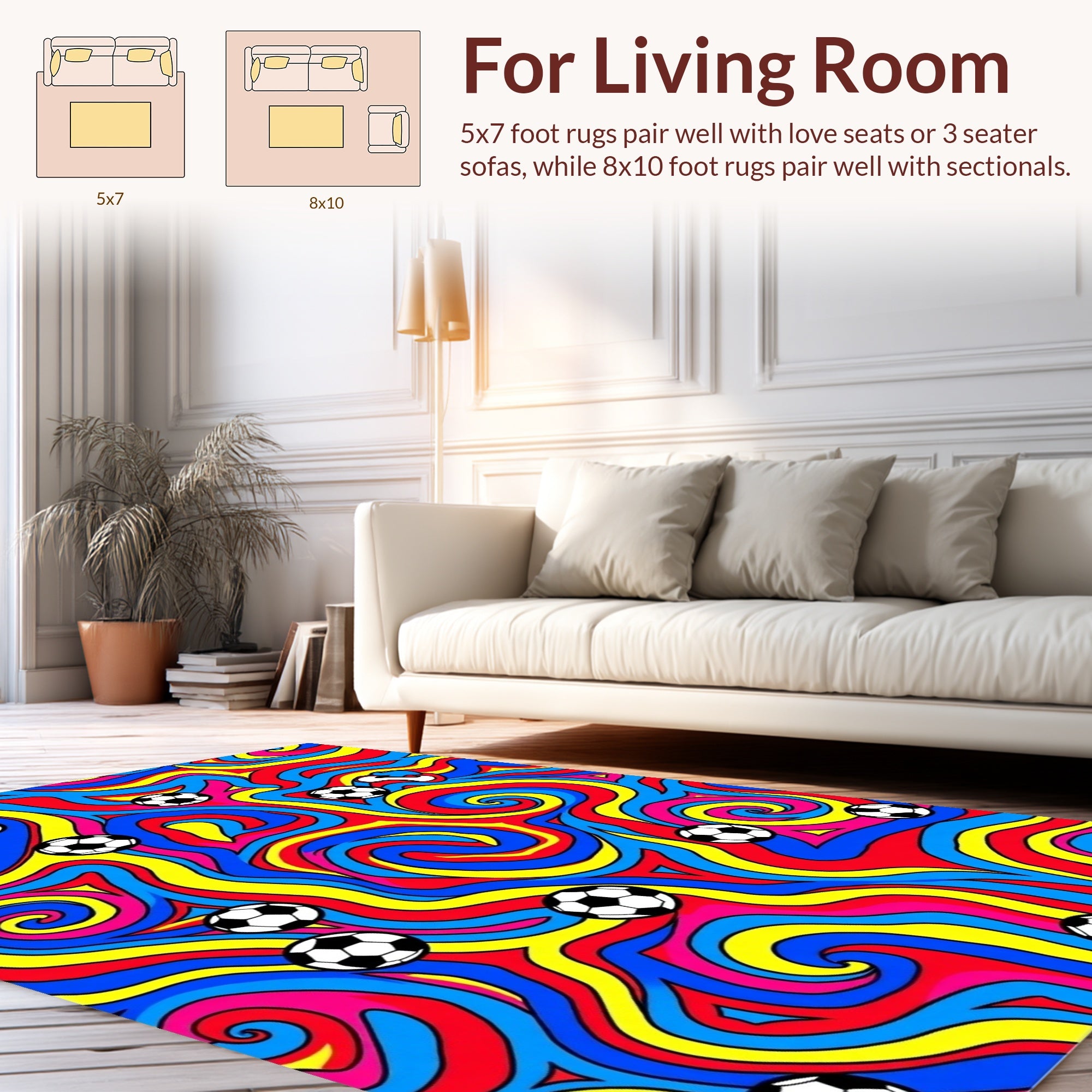 Vibrant Soccer Balls Swirl Pattern Rug