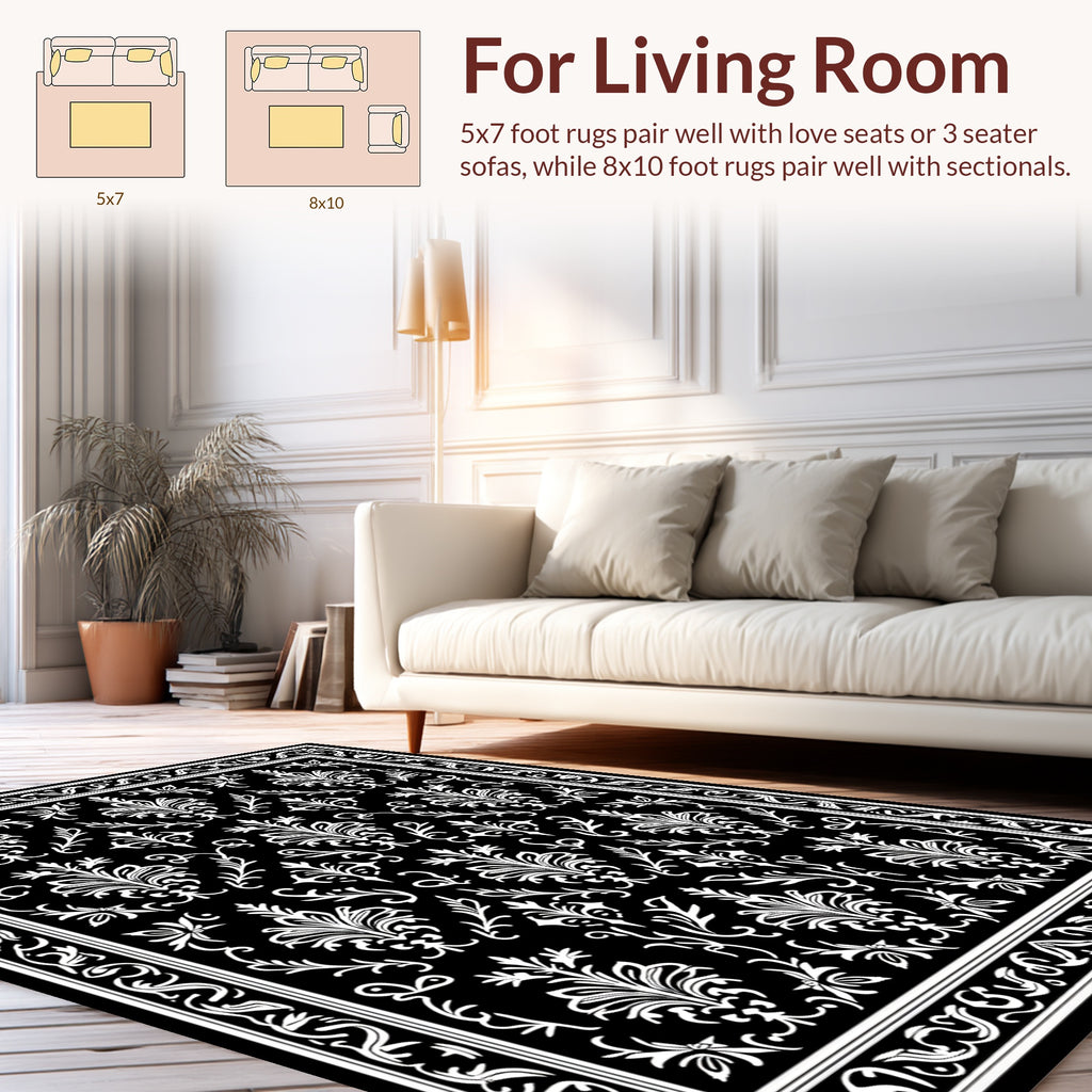 Black White Damask Floral Pattern Rug