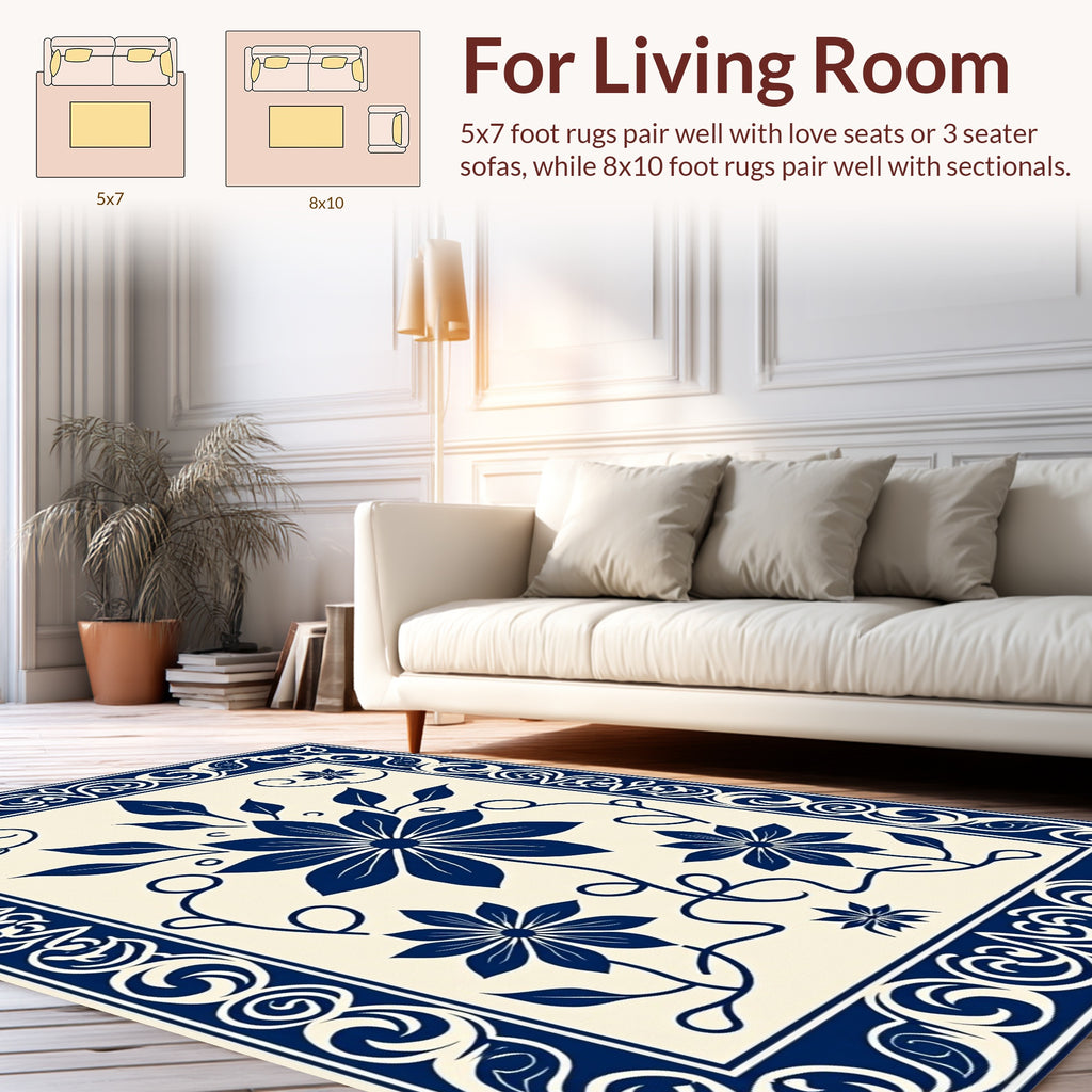 Ornate Floral Scrollwork Indigo Rug