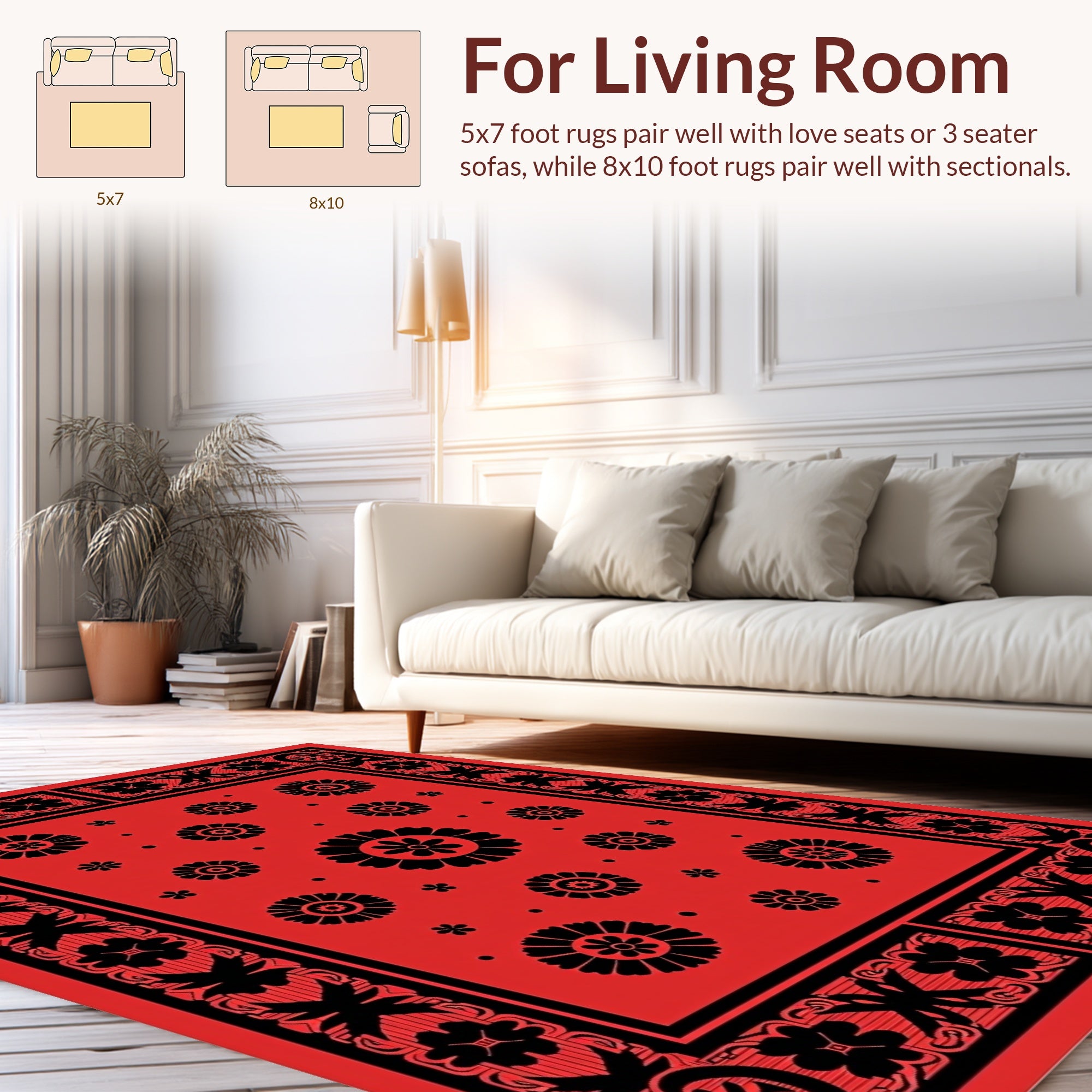 Bold Floral Motif Red Black Rug