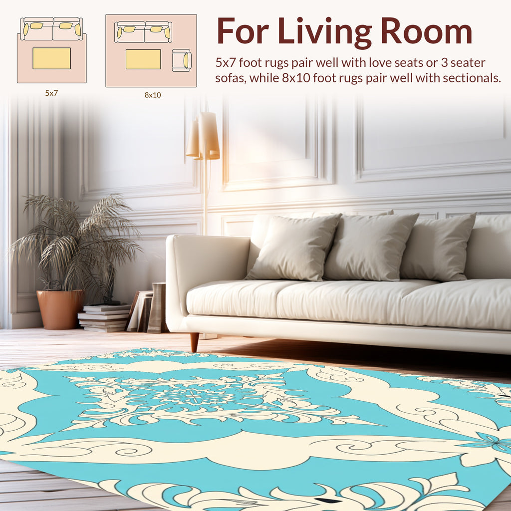 Ornate Floral Motif Aqua Ivory Rug