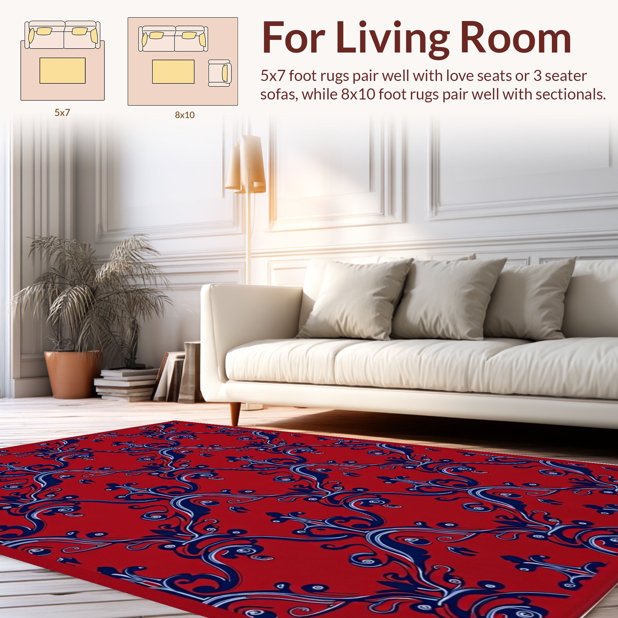 Elegant Red Blue Scroll Pattern Rug
