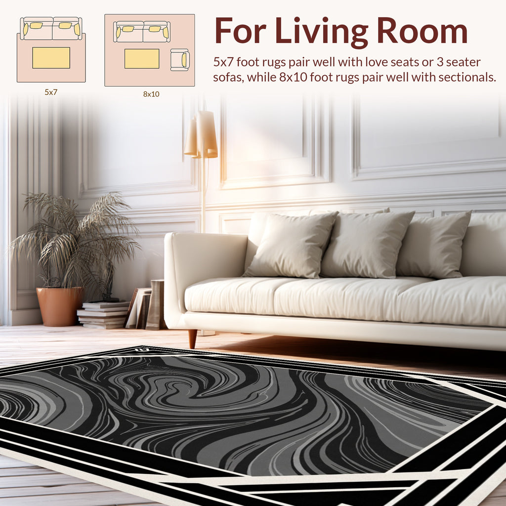 Monochrome Swirl Deco Border Rug