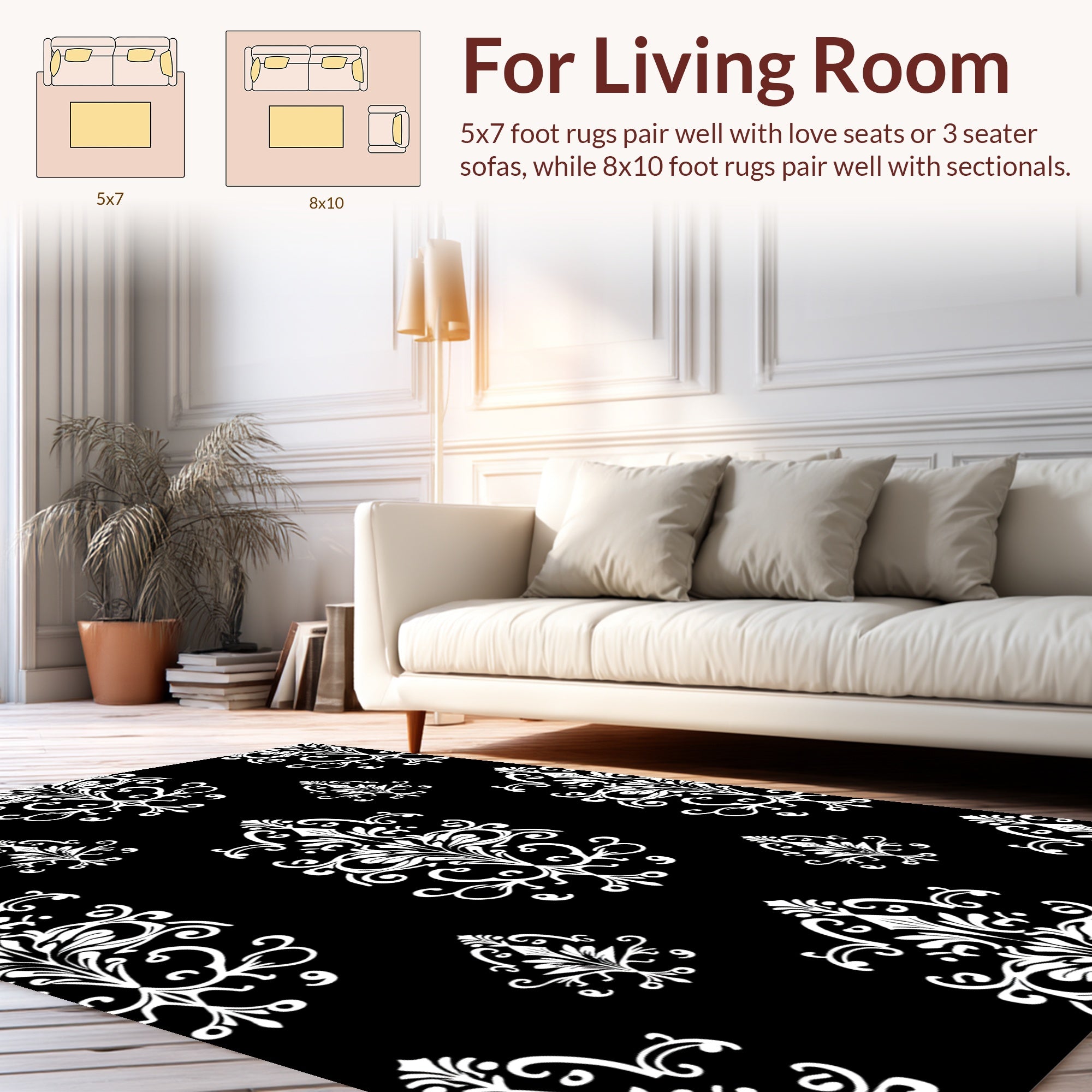 White Floral Damask Pattern Rug