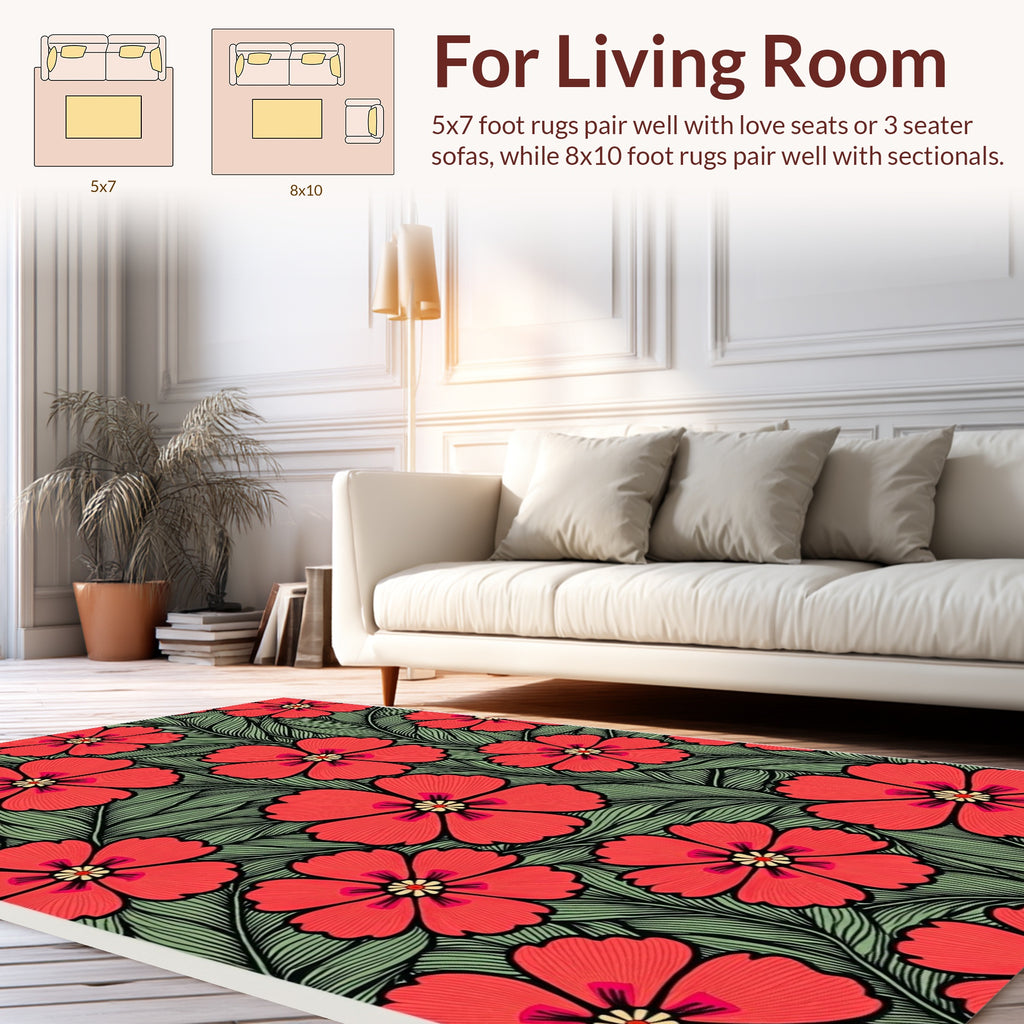 Bold Red Blossom And Green Leaf Pattern Rug