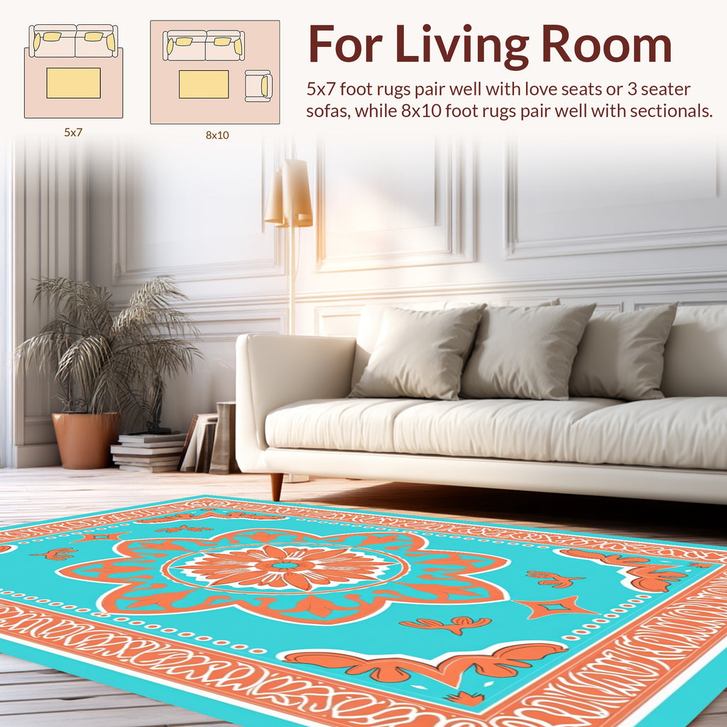 Orange Teal Floral Mandala Design Rug