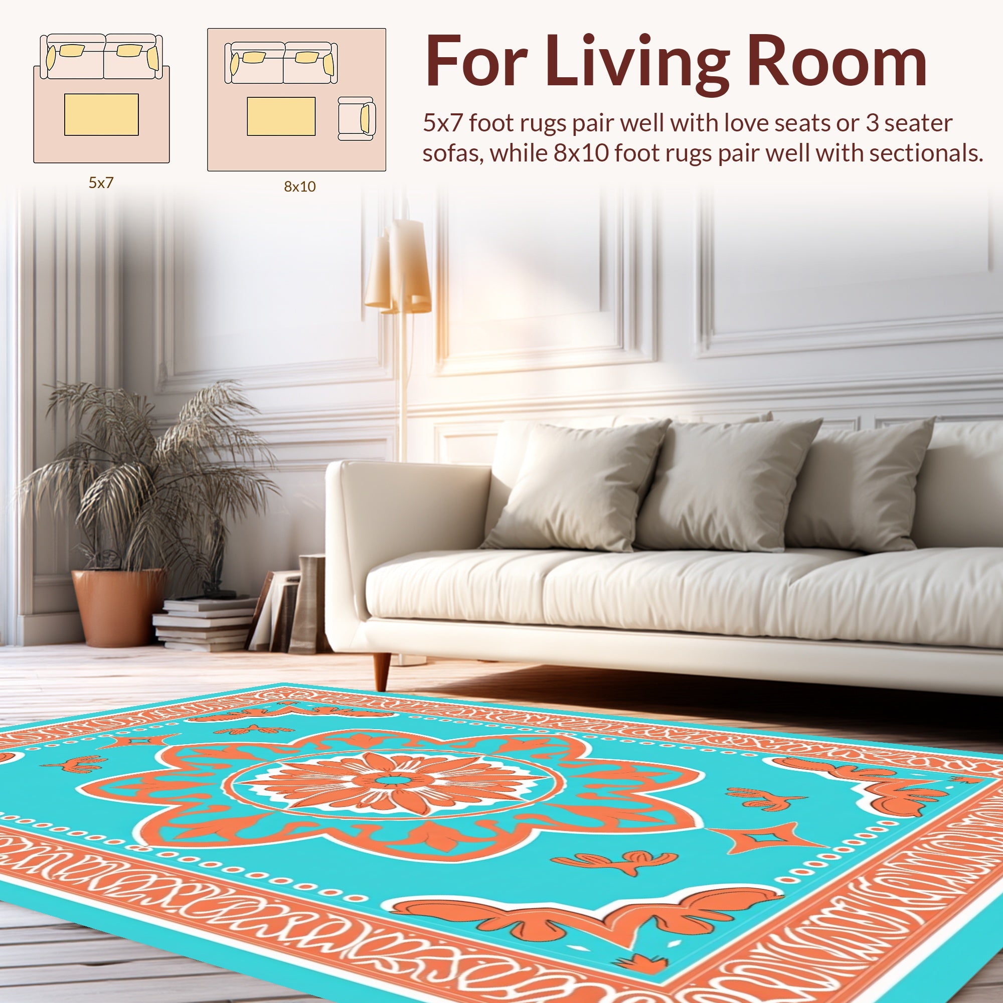 Orange Teal Floral Mandala Design Rug