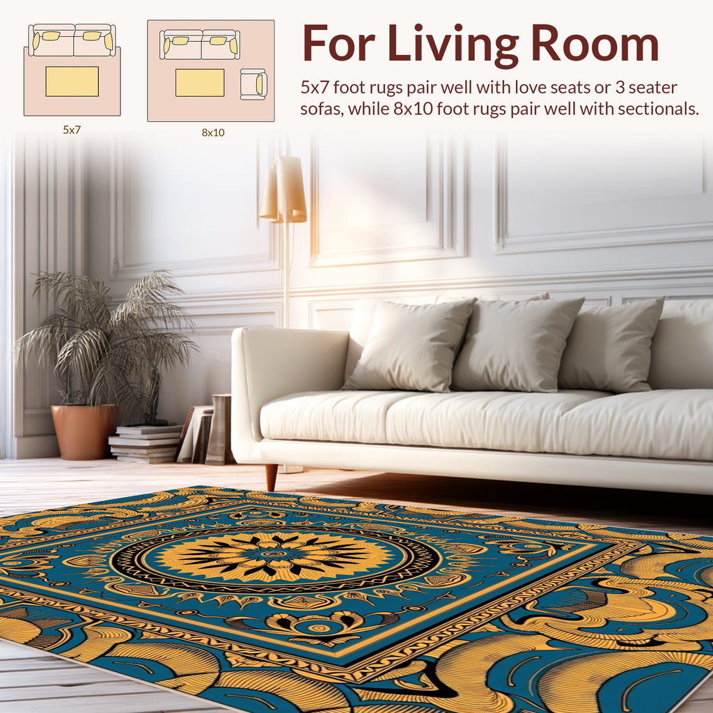 Bold Teal Gold Mandala Pattern Design Rug