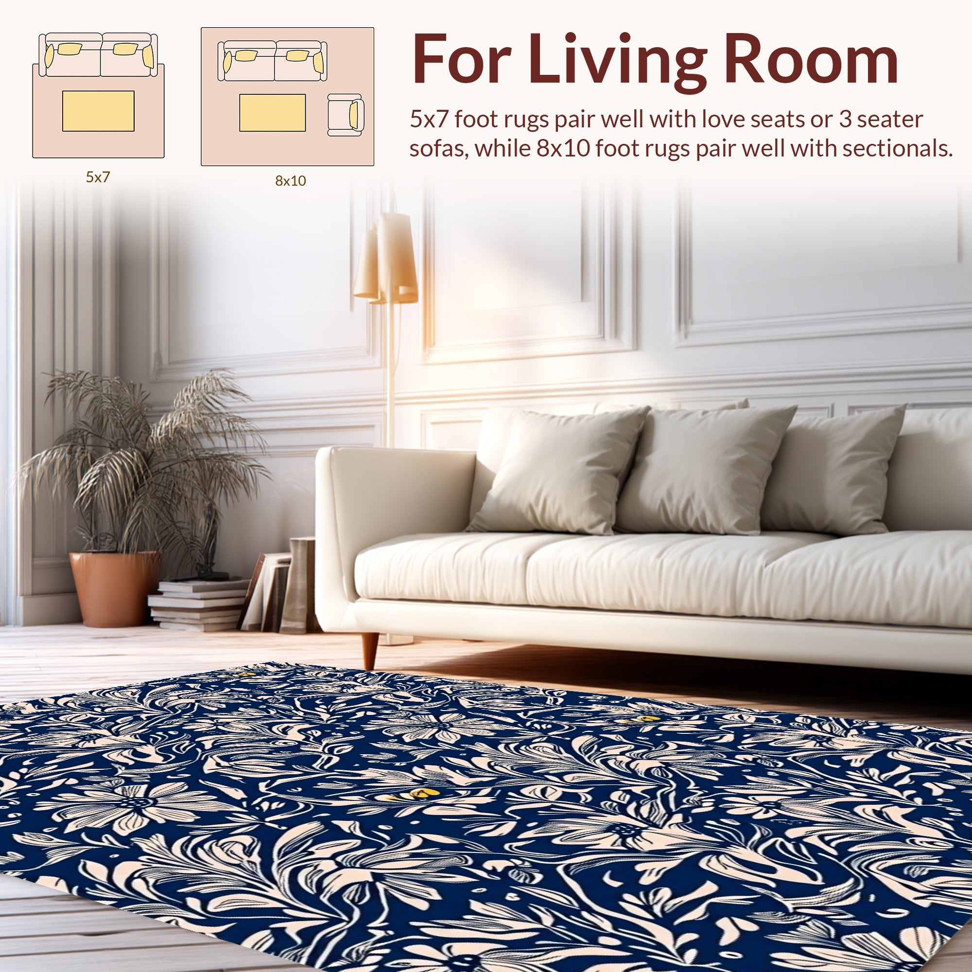Navy Floral Outline Print Rug