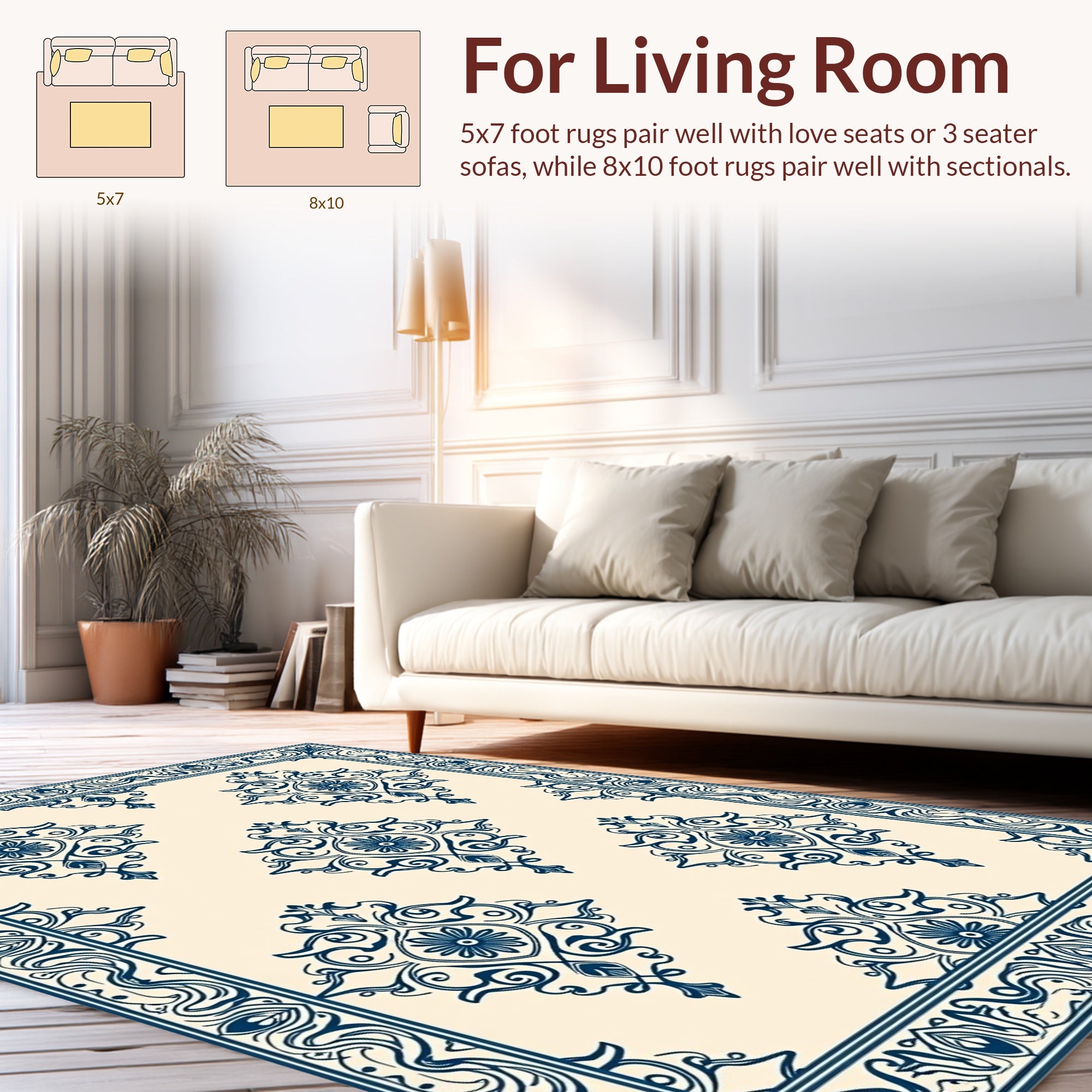 Classic Blue Floral Damask Design Rug