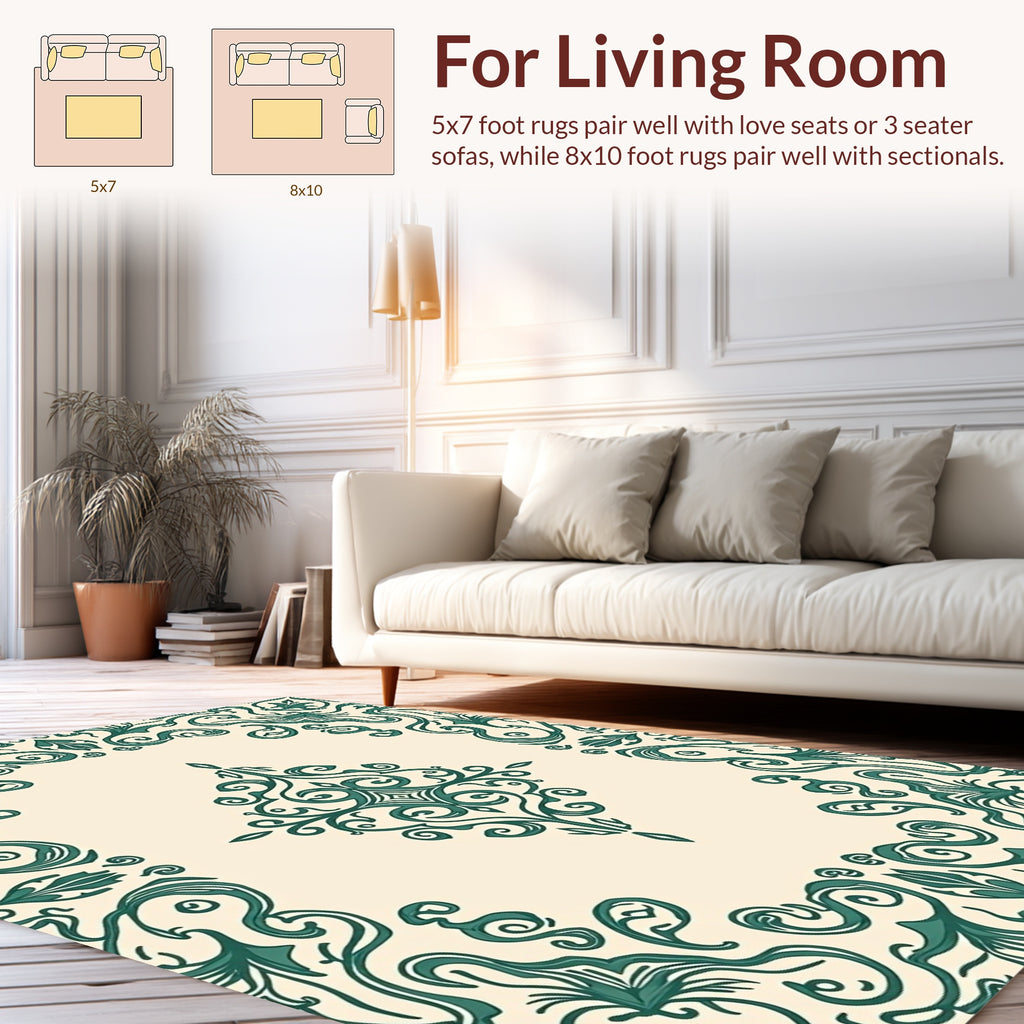 Elegant Teal Floral Scroll Pattern Rug