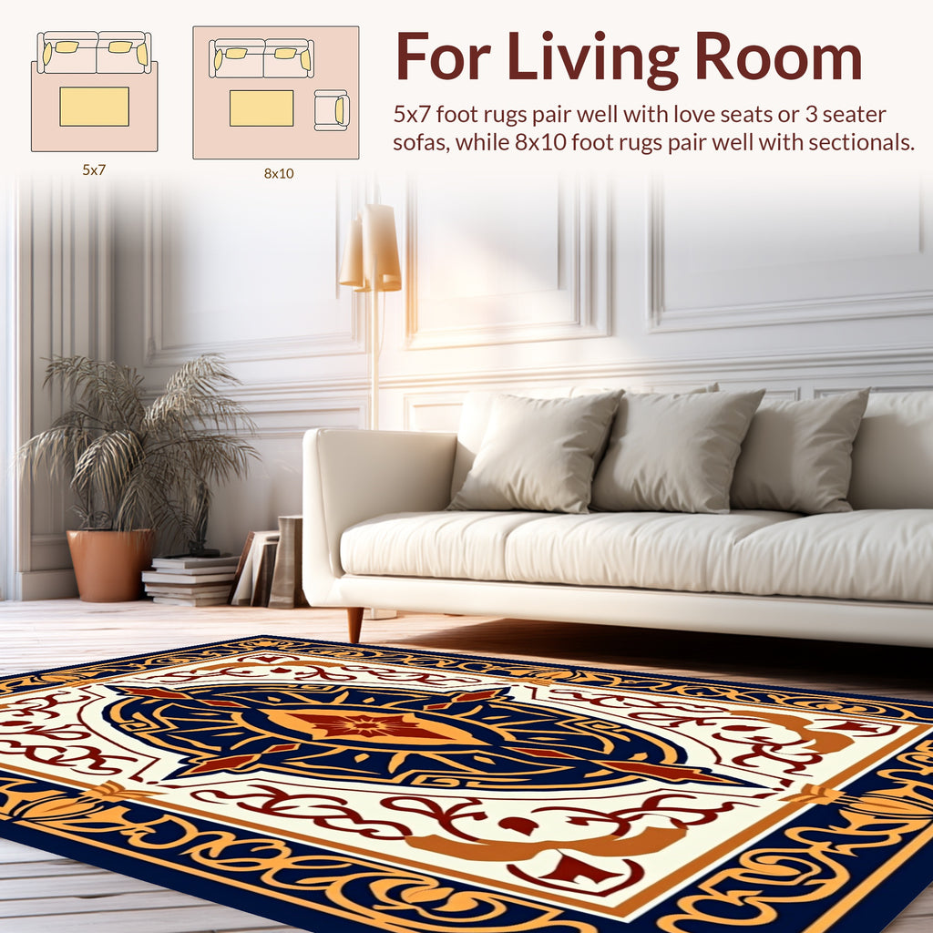 Intricate Navy Gold Medallion Design Rug