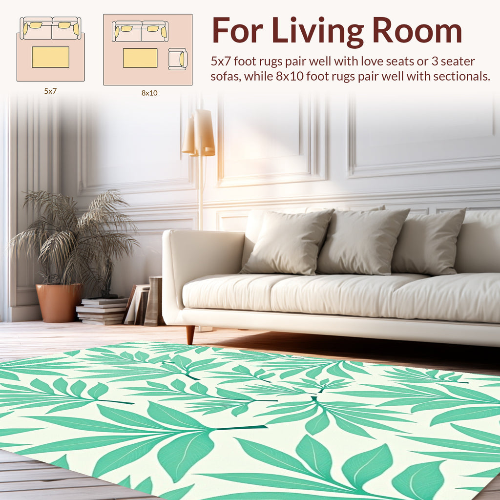 Teal Leaf Patterned Tropical Design Rug