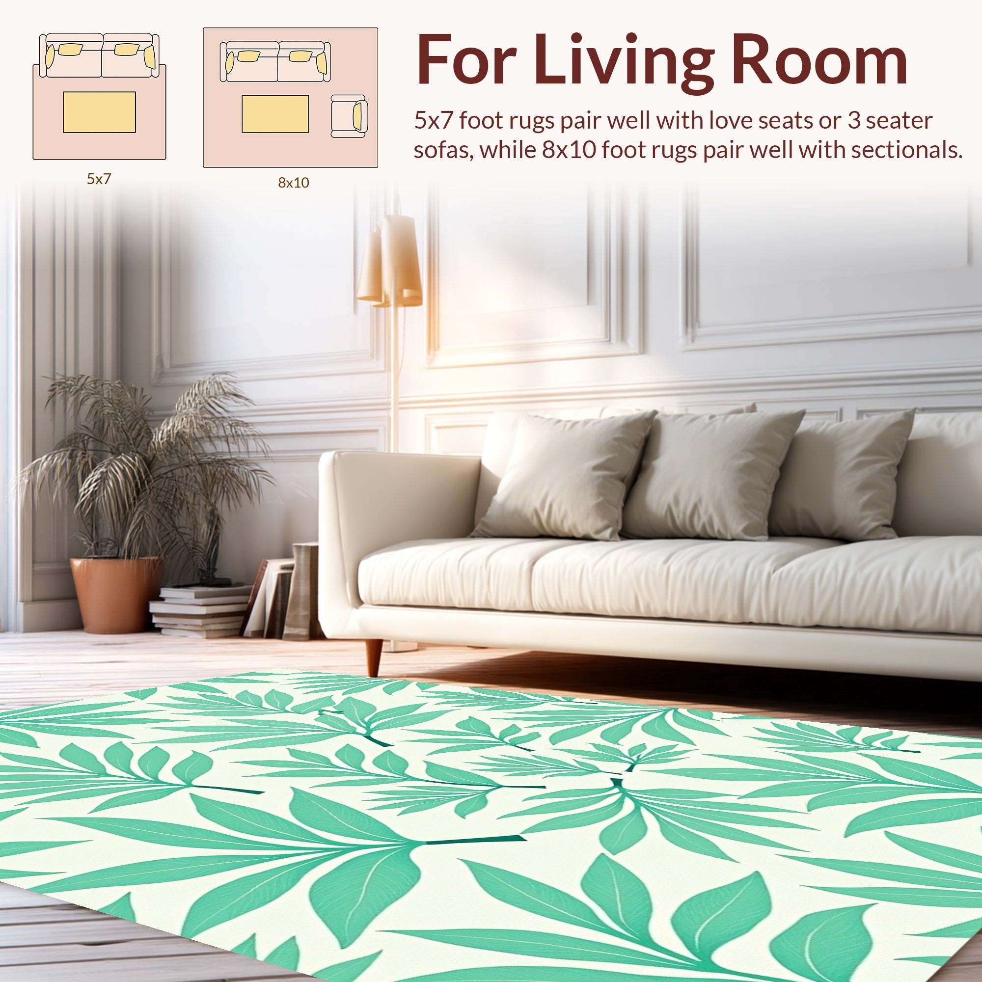 Teal Leaf Patterned Tropical Design Rug