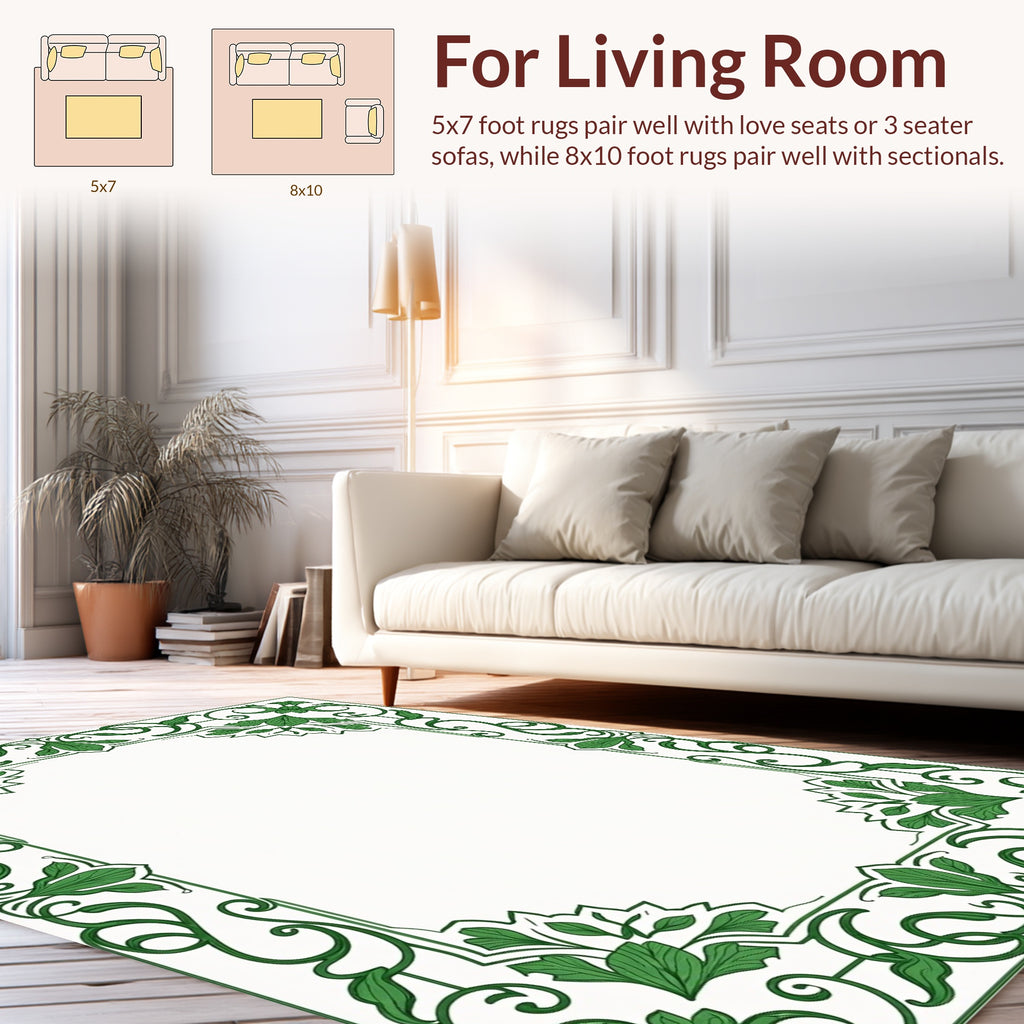 Green Floral Swirls Border Rug
