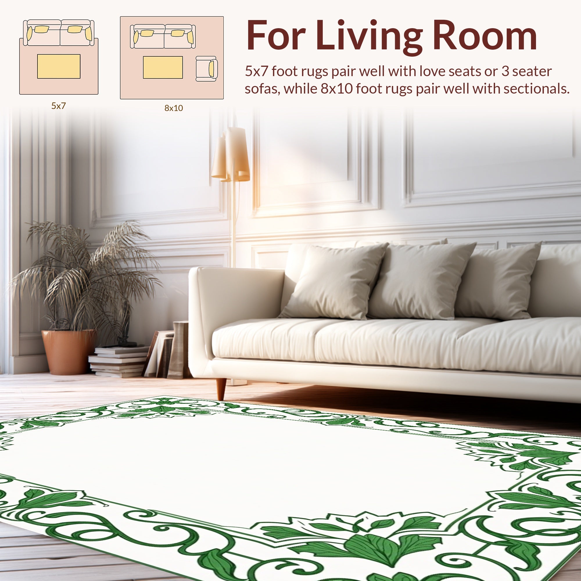 Green Floral Swirls Border Rug