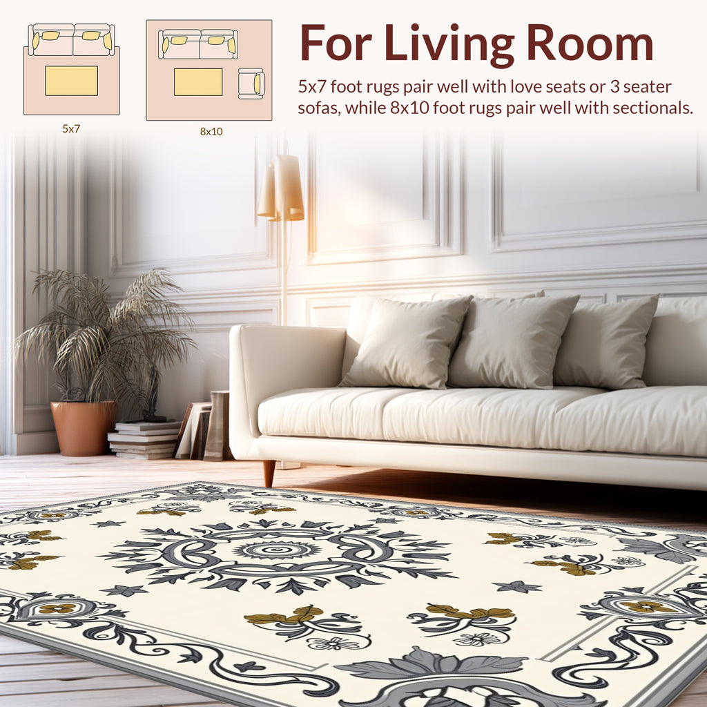 Ornate Floral Medallion Gray Gold Rug